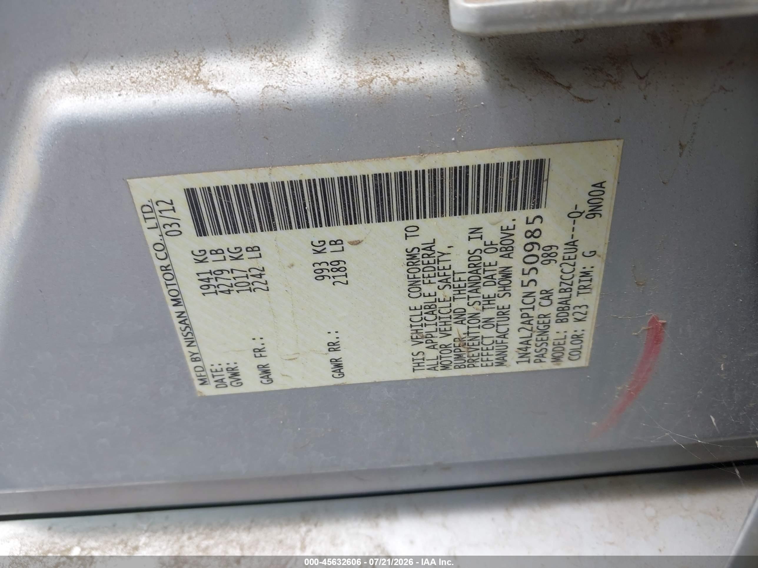 2012 Nissan Altima 2.5 S Silver vin: 1N4AL2AP1CN550985