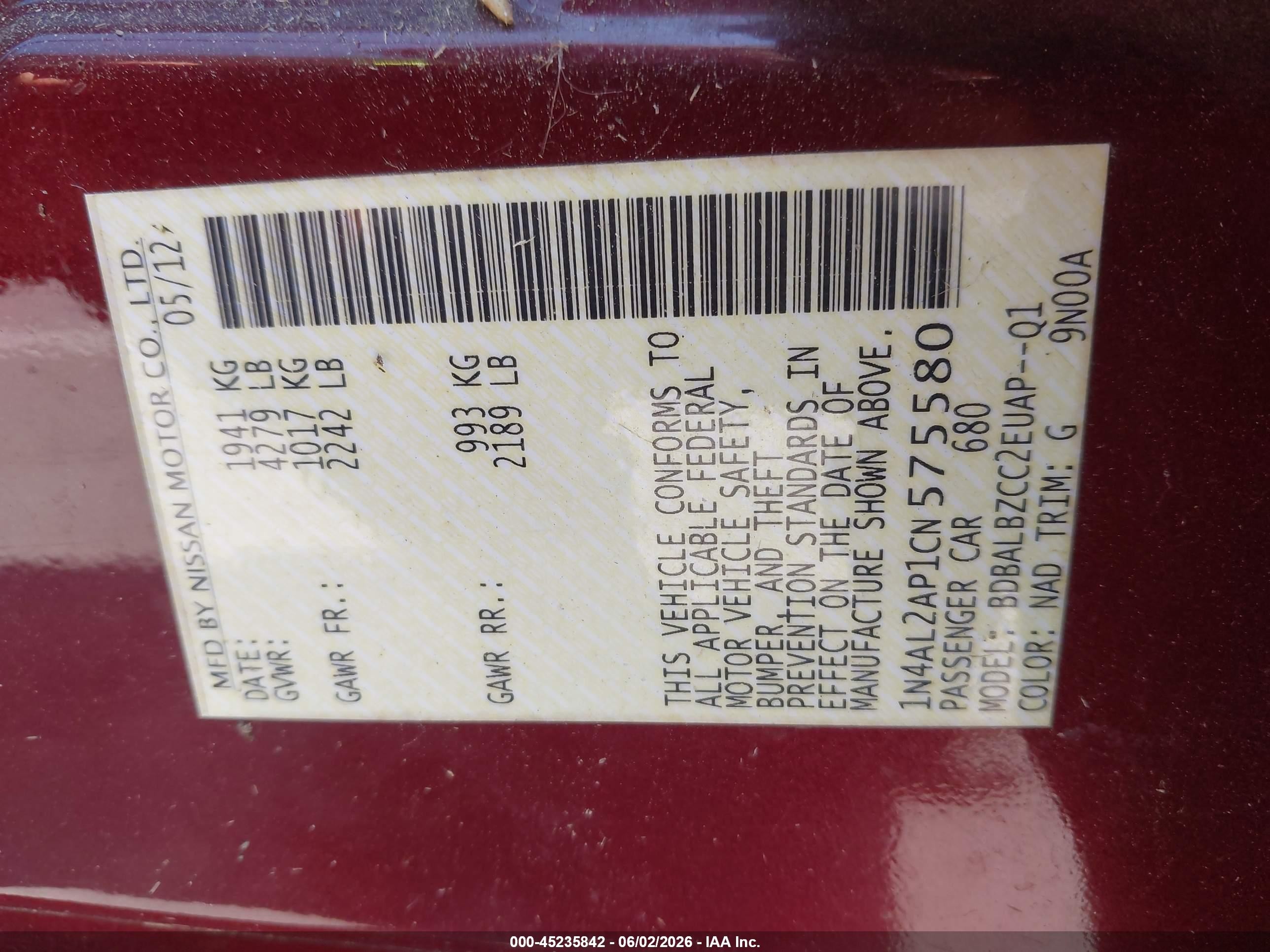 2012 Nissan Altima 2.5 S Burgundy vin: 1N4AL2AP1CN575580