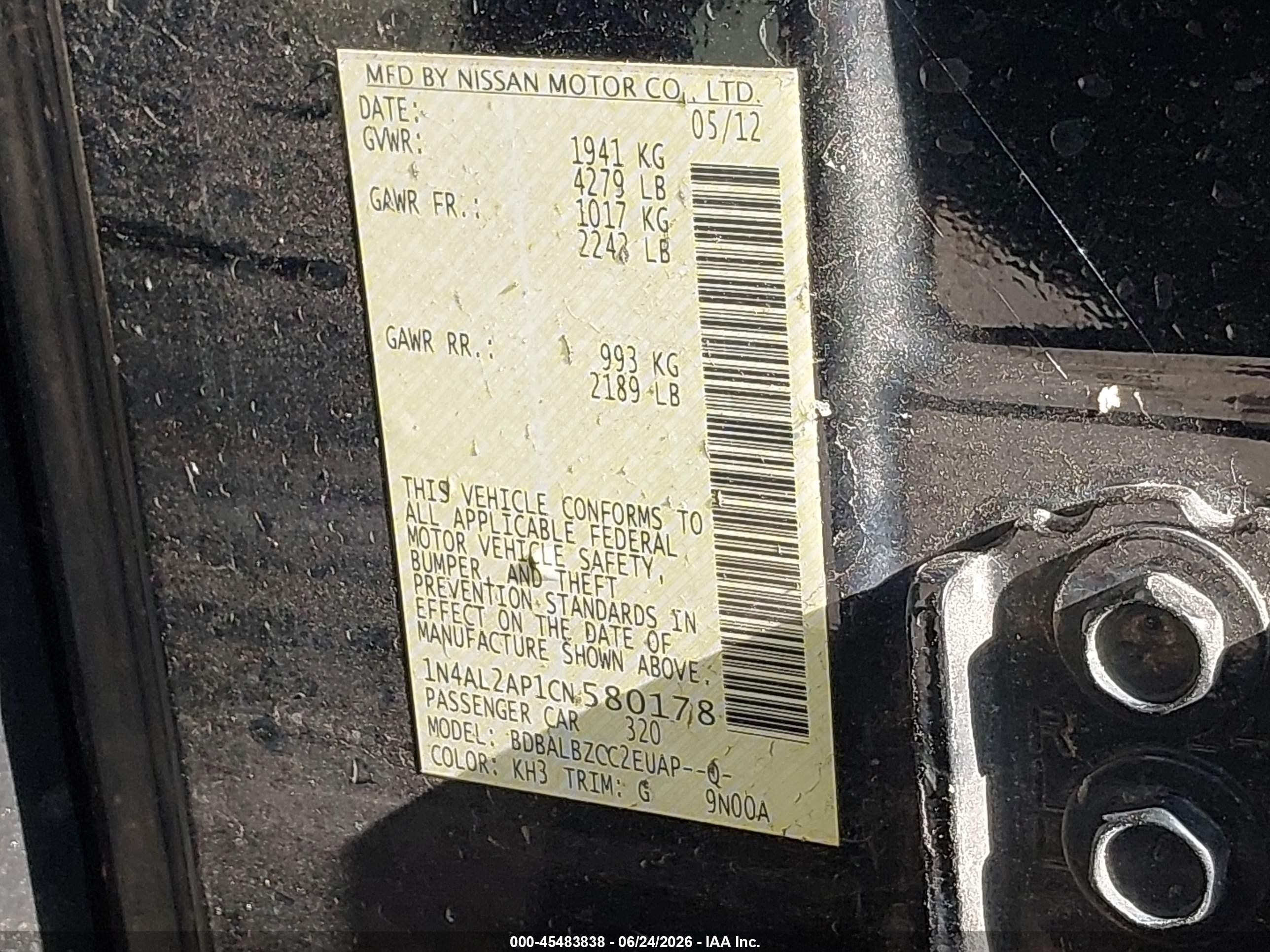 2012 Nissan Altima 2.5 S Black vin: 1N4AL2AP1CN580178