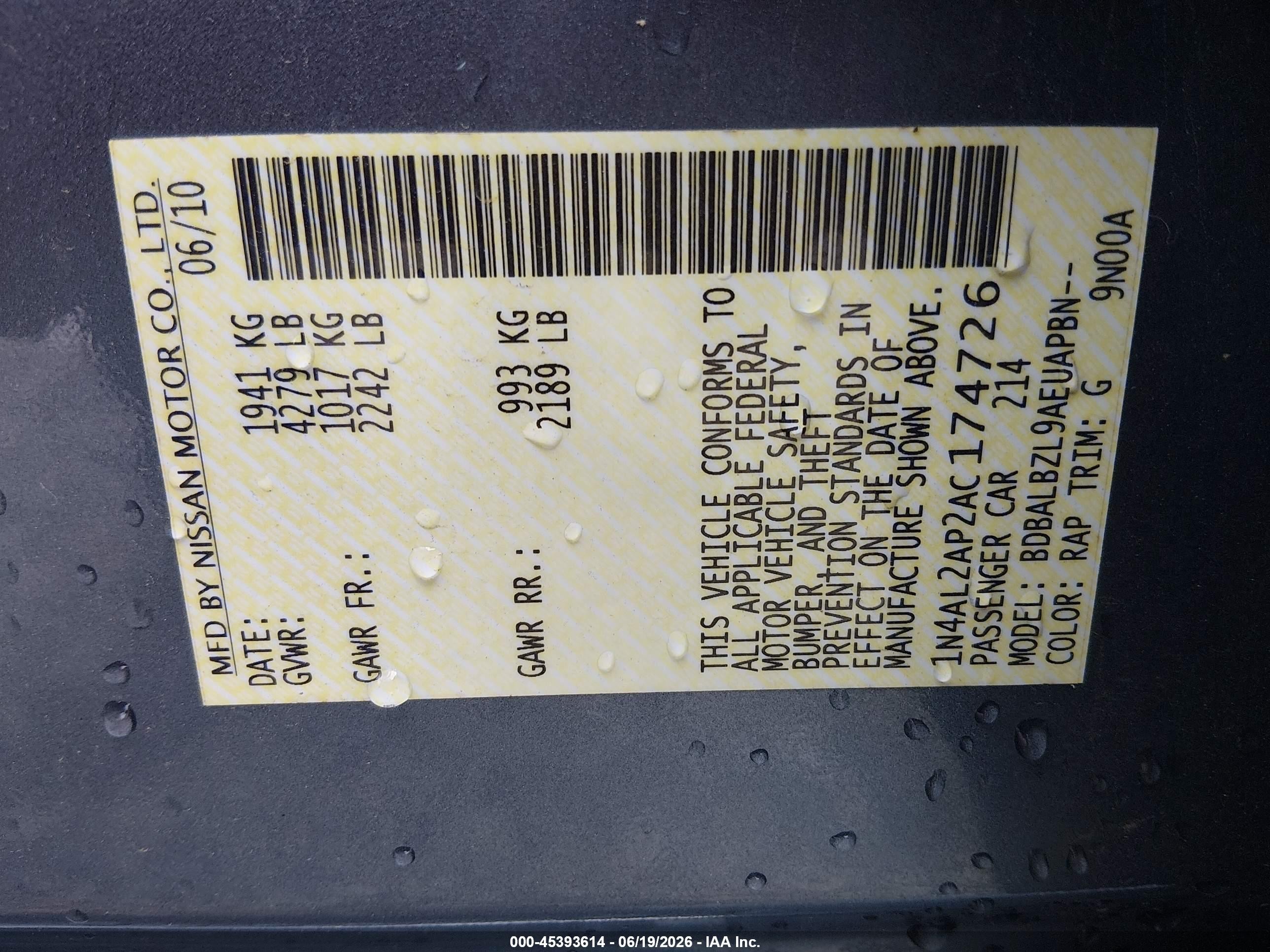 2010 Nissan Altima 2.5 S Blue vin: 1N4AL2AP2AC174726
