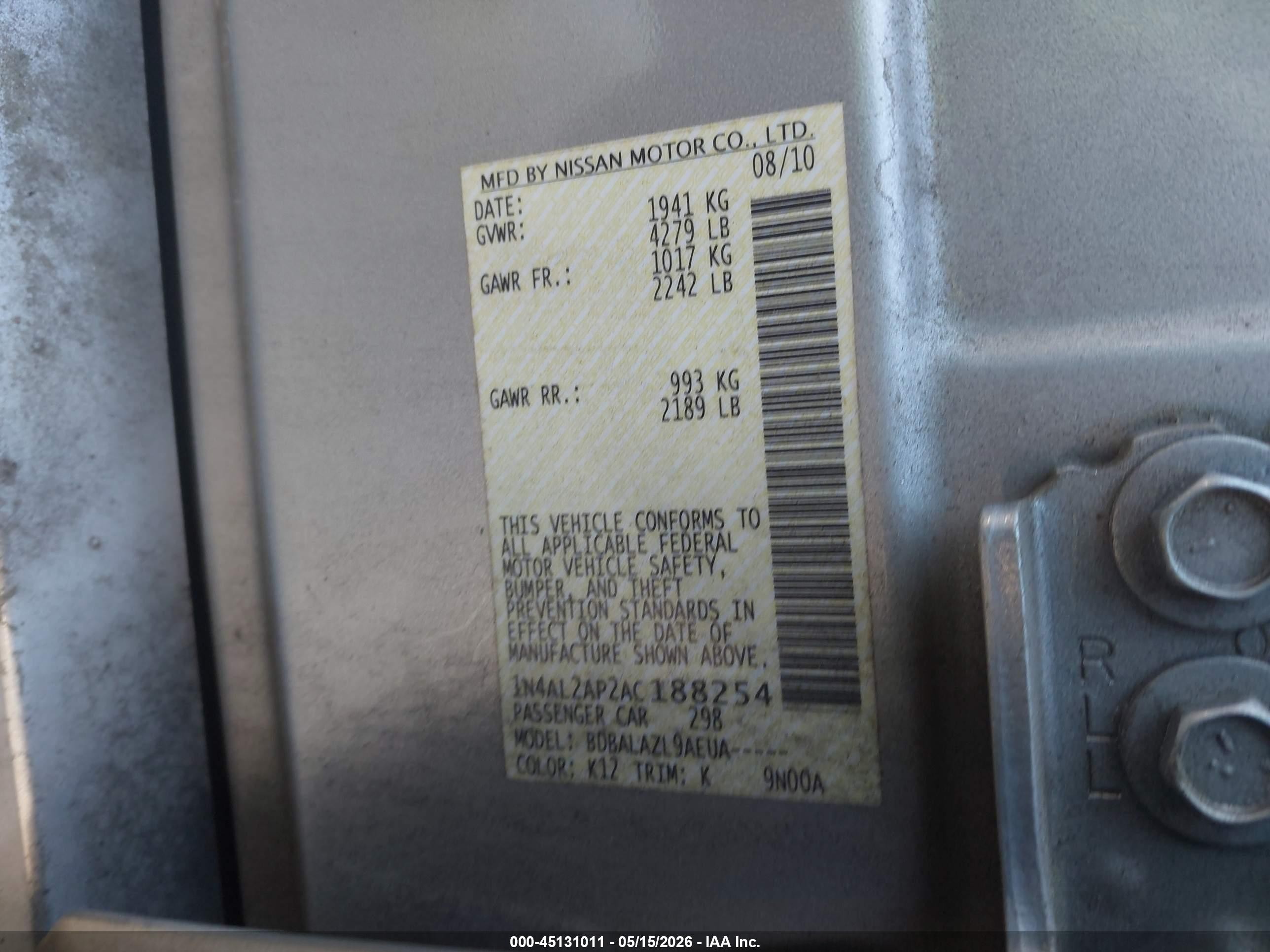 2010 Nissan Altima 2.5 Серебряный vin: 1N4AL2AP2AC188254