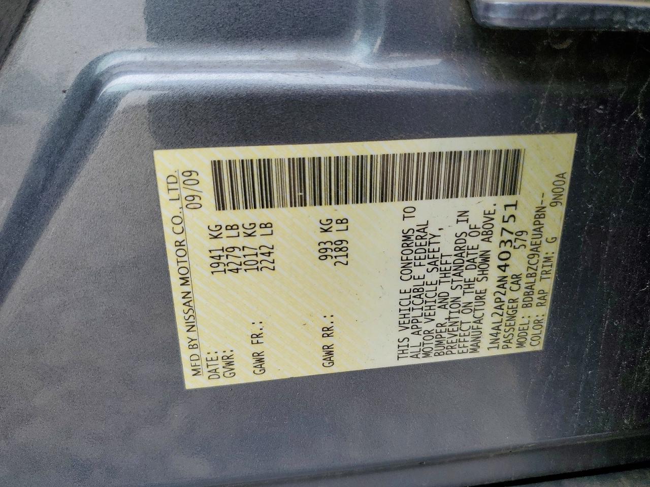 2010 Nissan Altima 2.5 Gray vin: 1N4AL2AP2AN403751