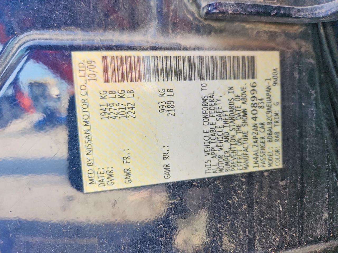 2010 Nissan Altima Base Blue vin: 1N4AL2AP2AN408996