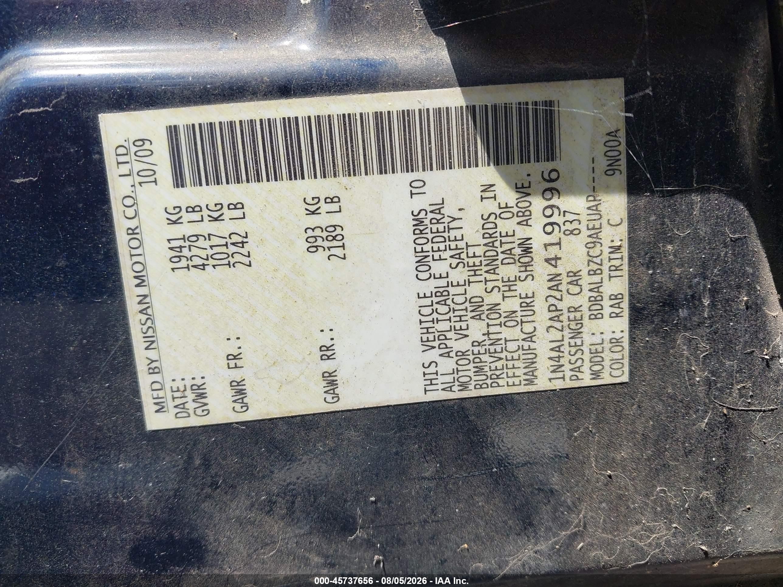 2010 Nissan Altima 2.5 S Blue vin: 1N4AL2AP2AN419996
