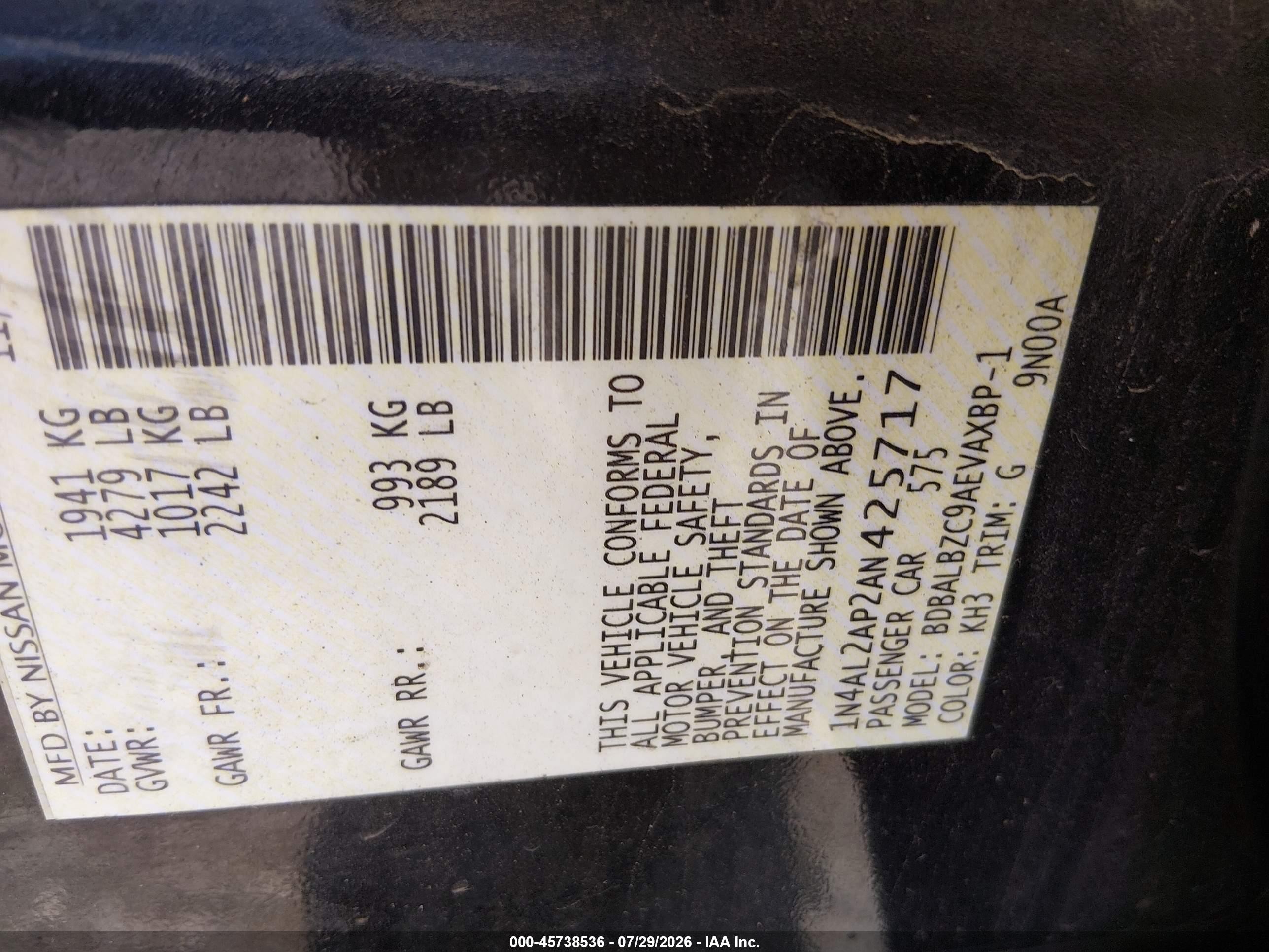2010 Nissan Altima 2.5 S Black vin: 1N4AL2AP2AN425717
