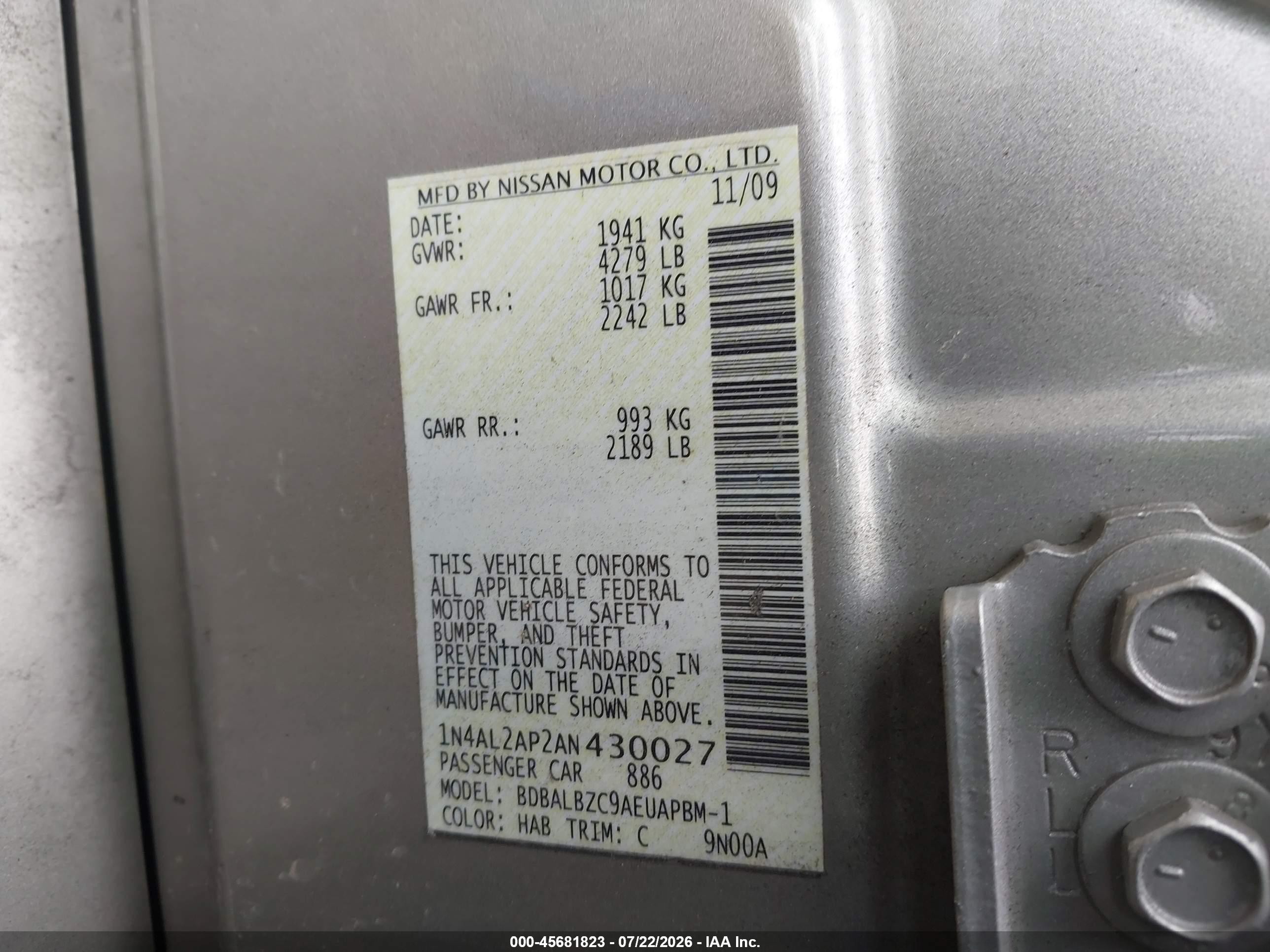 2010 Nissan Altima 2.5 S Tan vin: 1N4AL2AP2AN430027