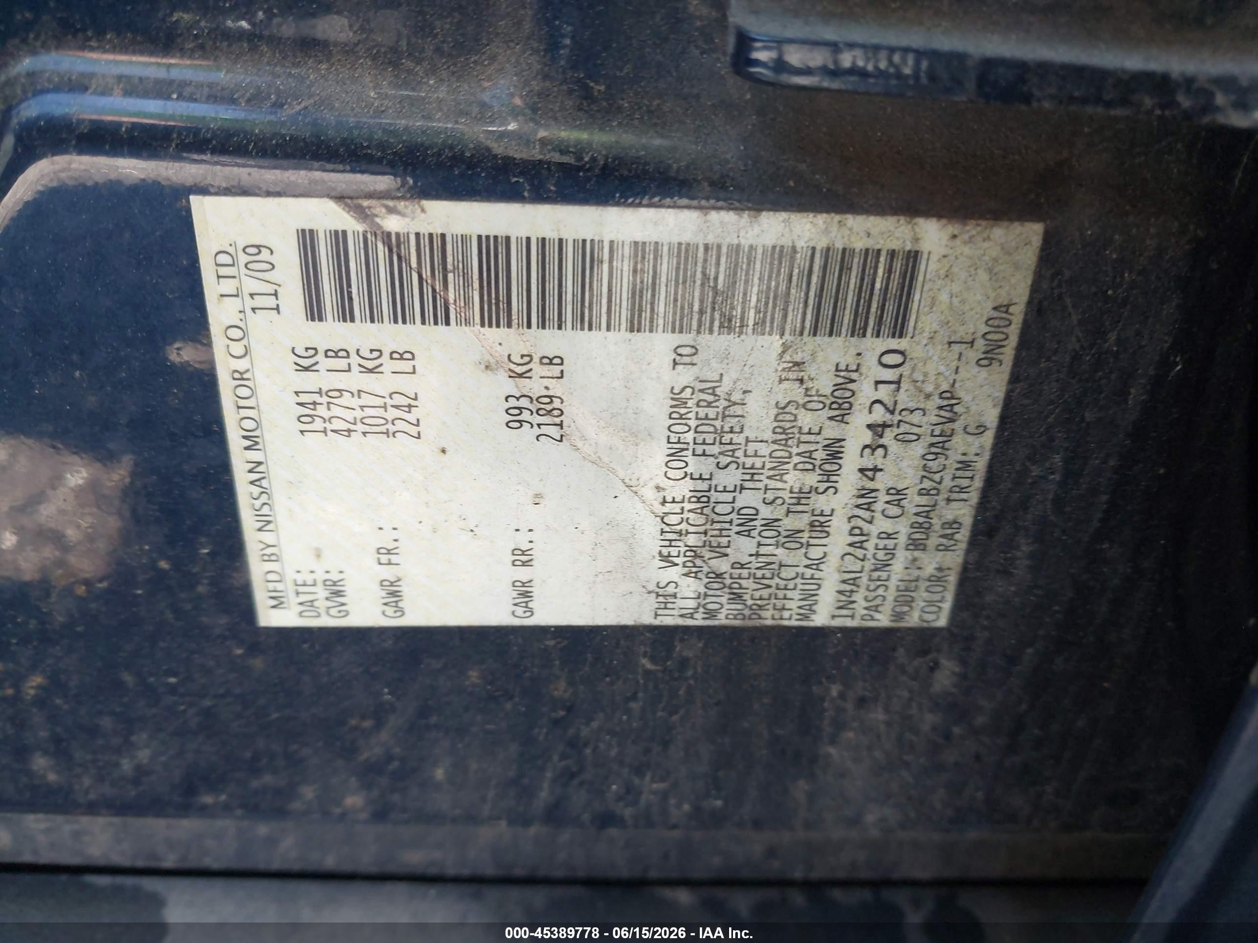 2010 Nissan Altima 2.5 S Navy vin: 1N4AL2AP2AN434210