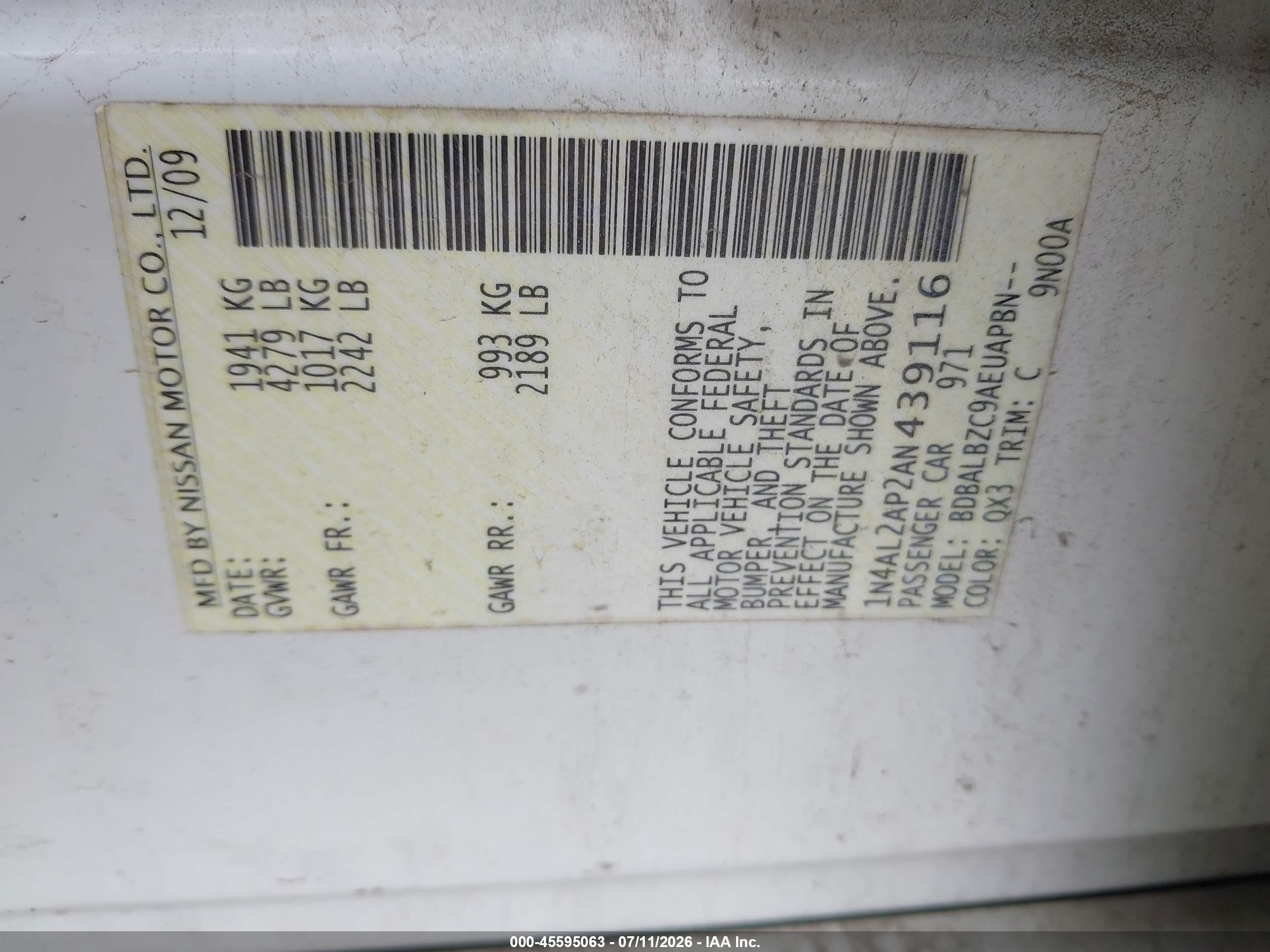 2010 Nissan Altima 2.5 S White vin: 1N4AL2AP2AN439116