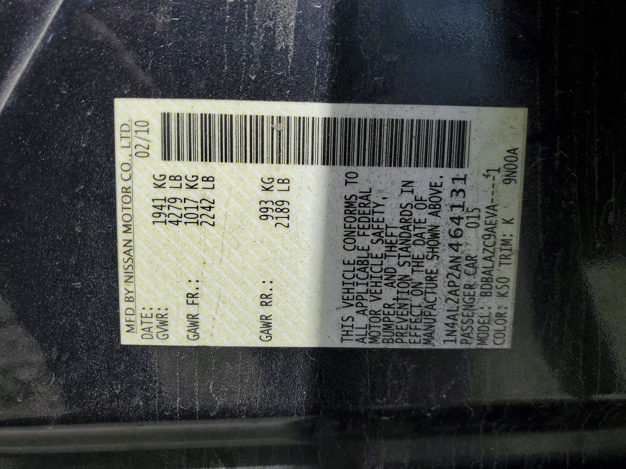 2010 Nissan Altima 2.5 Угольный vin: 1N4AL2AP2AN464131