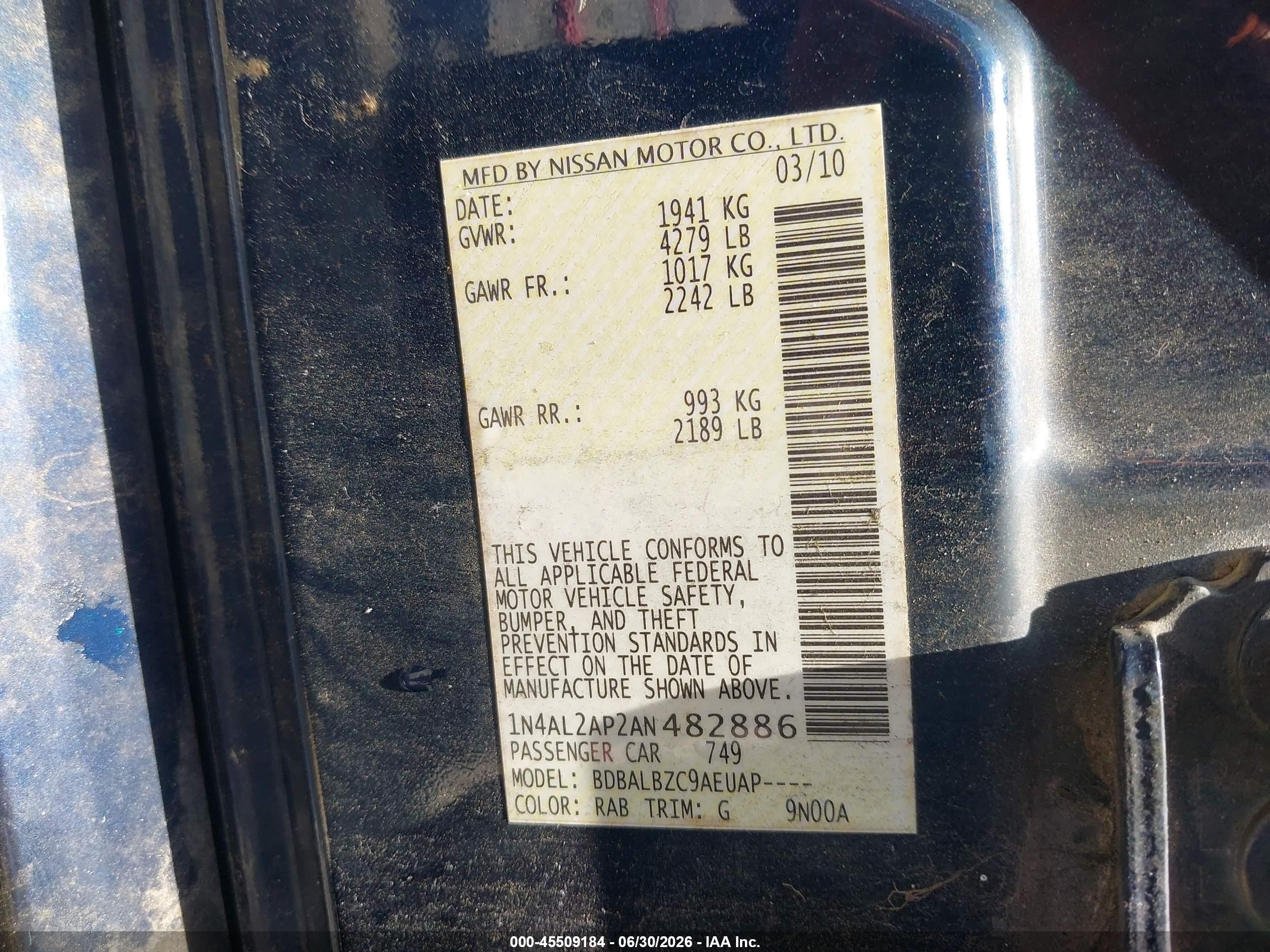 2010 Nissan Altima 2.5 S Dark Blue vin: 1N4AL2AP2AN482886