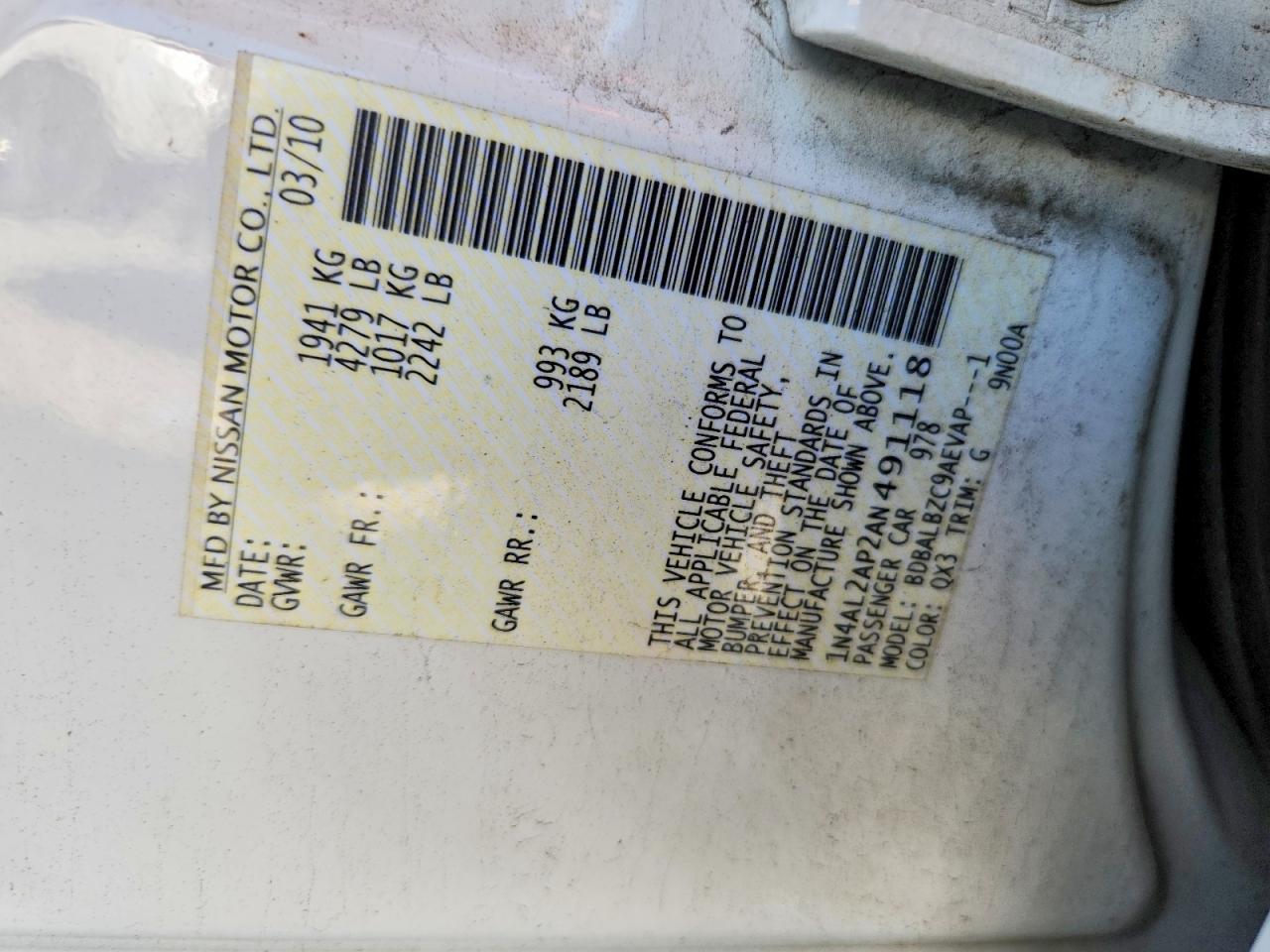 2010 Nissan Altima Base White vin: 1N4AL2AP2AN491118