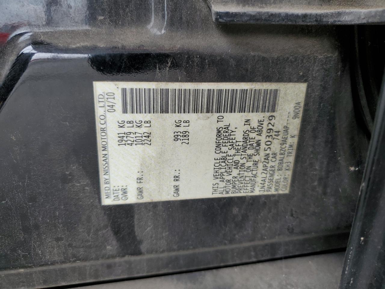 2010 Nissan Altima 2.5 Black vin: 1N4AL2AP2AN503929