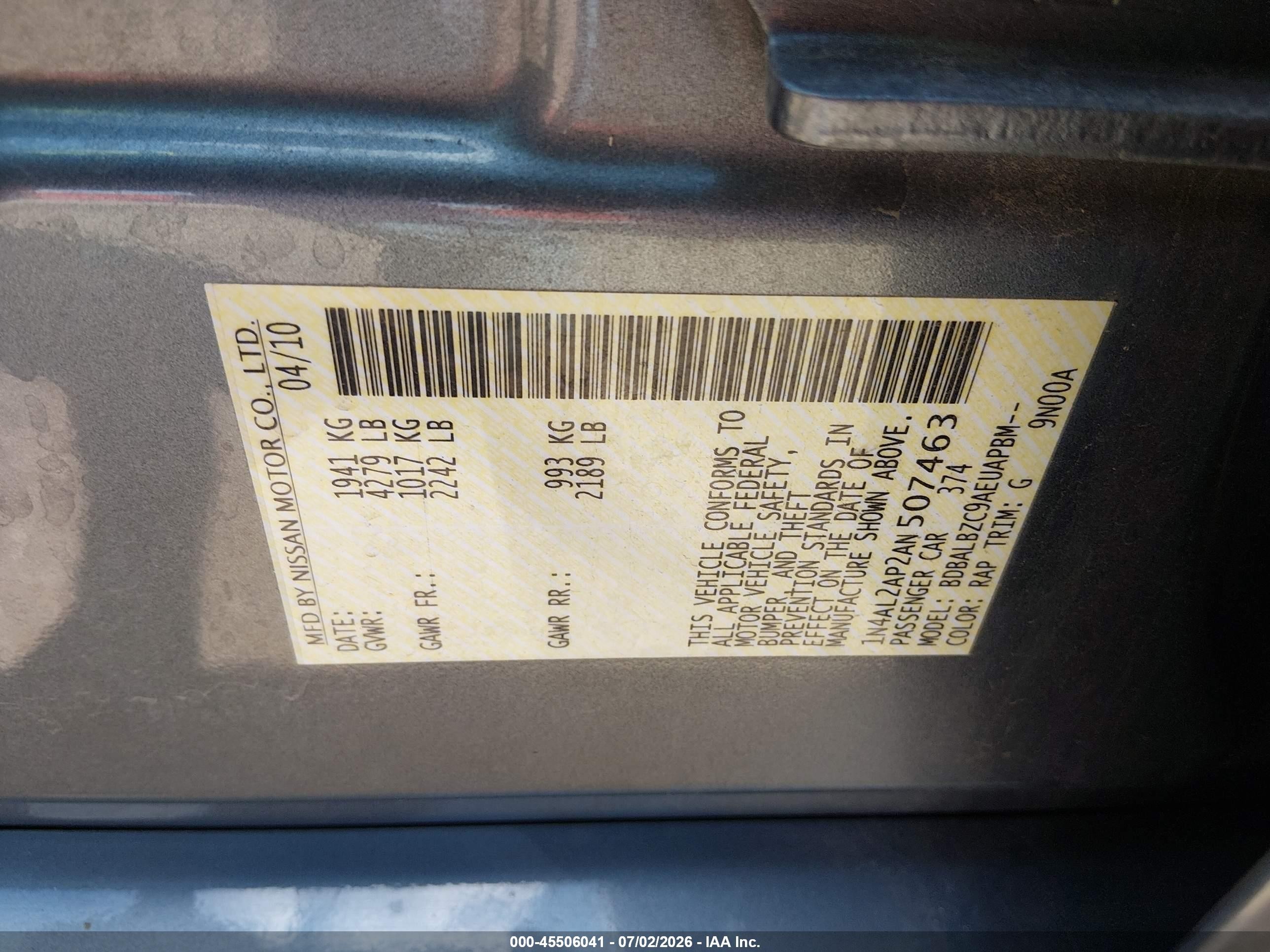 2010 Nissan Altima 2.5 S Light Blue vin: 1N4AL2AP2AN507463