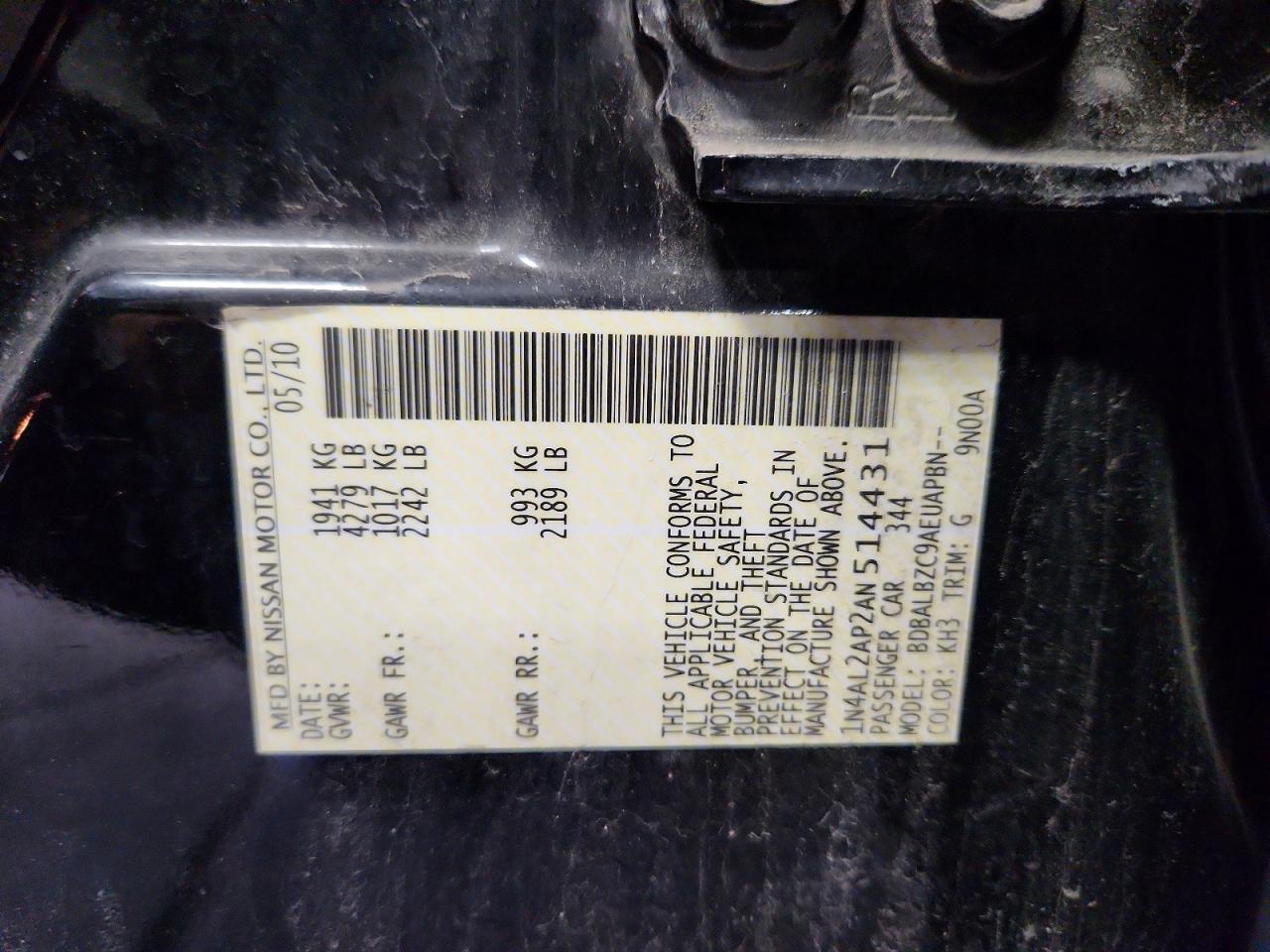 2010 Nissan Altima 2.5 Black vin: 1N4AL2AP2AN514431