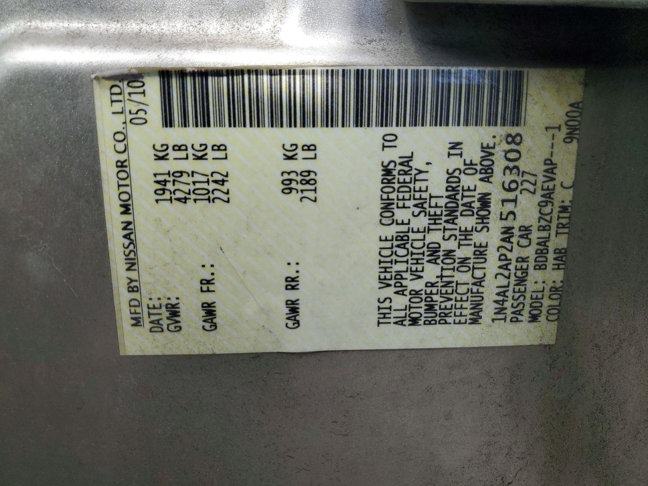 2010 Nissan Altima 2.5 Gold vin: 1N4AL2AP2AN516308