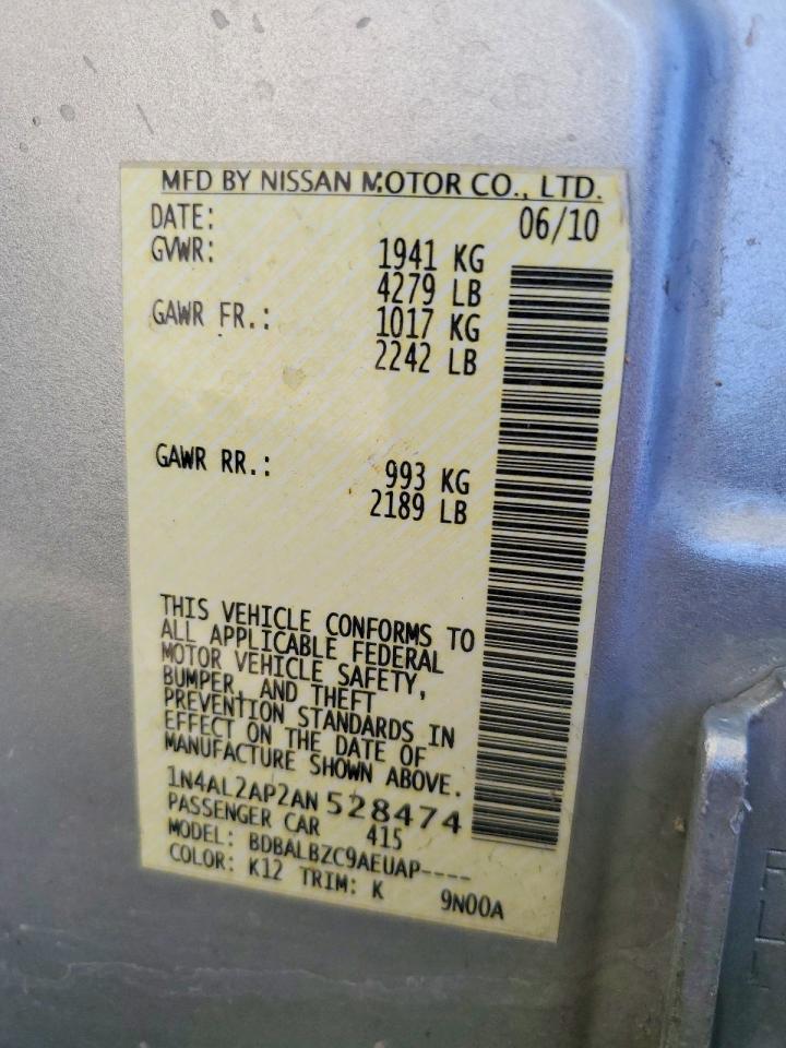 2010 Nissan Altima Silver vin: 1N4AL2AP2AN528474
