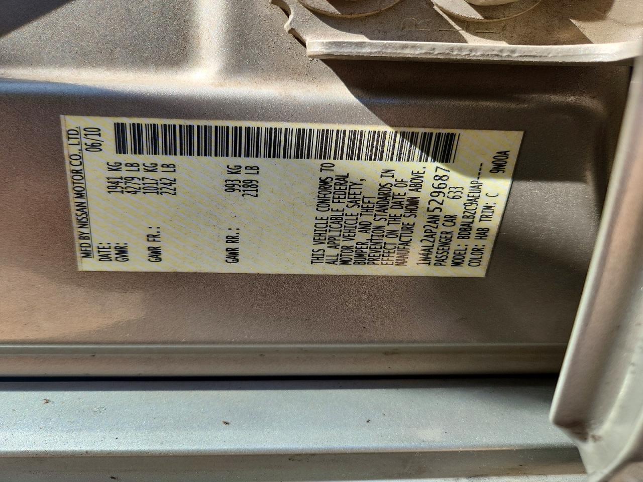 2010 Nissan Altima 2.5 Gold vin: 1N4AL2AP2AN529687