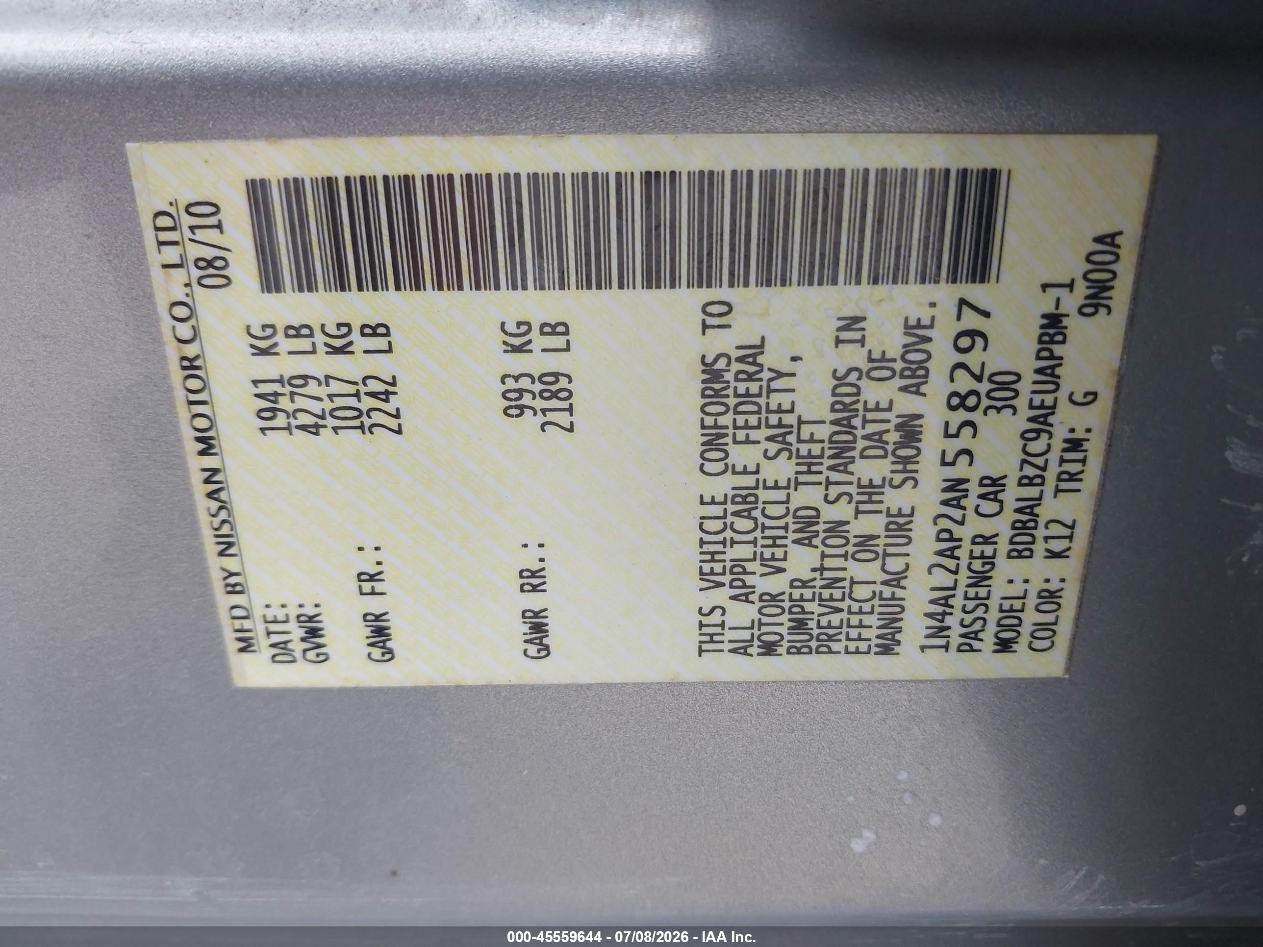 2010 Nissan Altima 2.5 S Silver vin: 1N4AL2AP2AN558297