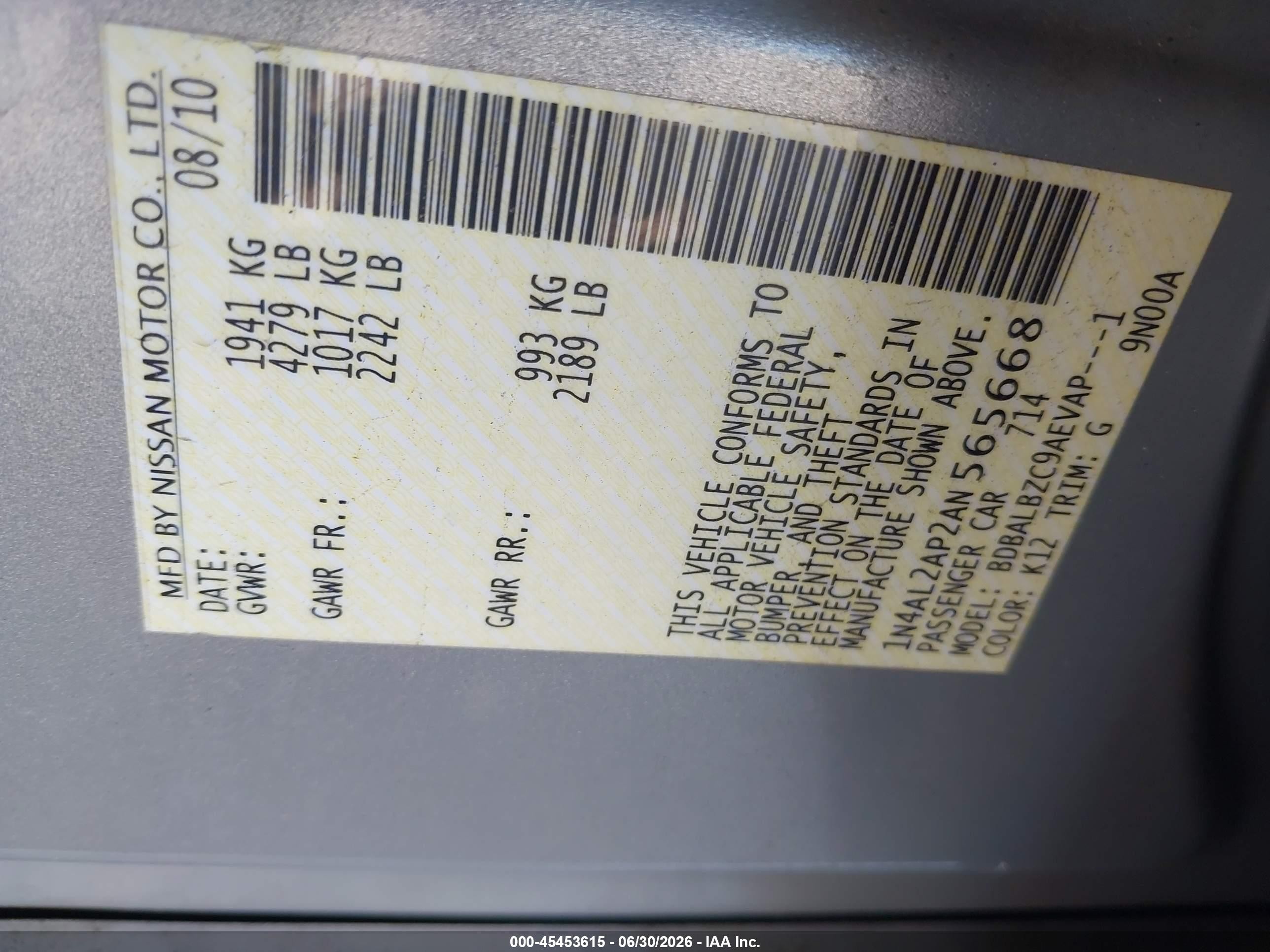 2010 Nissan Altima 2.5 S Silver vin: 1N4AL2AP2AN565668