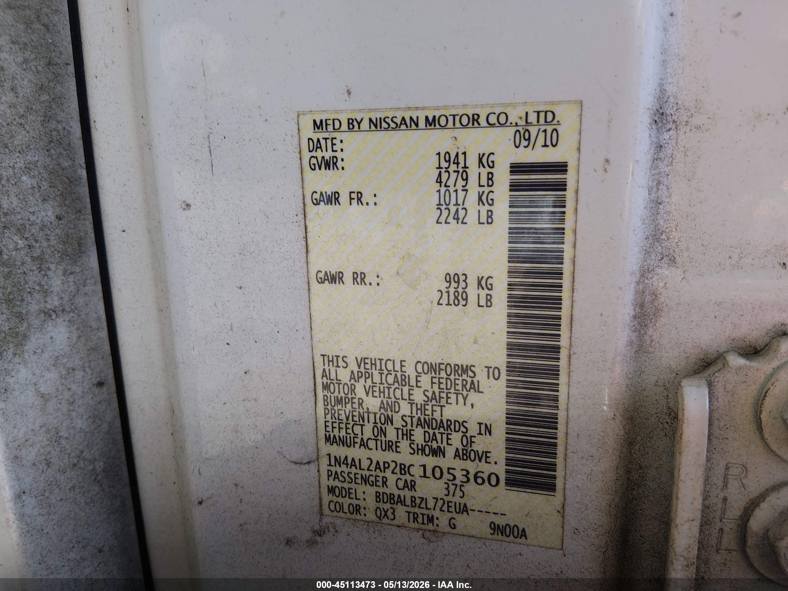 2011 Nissan Altima 2.5 S White vin: 1N4AL2AP2BC105360