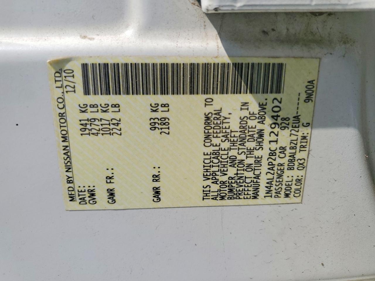 2011 Nissan Altima 2.5 White vin: 1N4AL2AP2BC129402