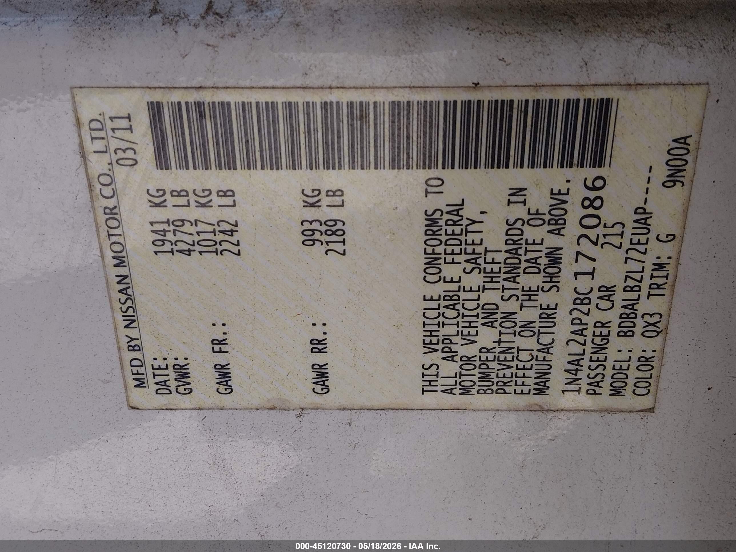 2011 Nissan Altima 2.5 S White vin: 1N4AL2AP2BC172086