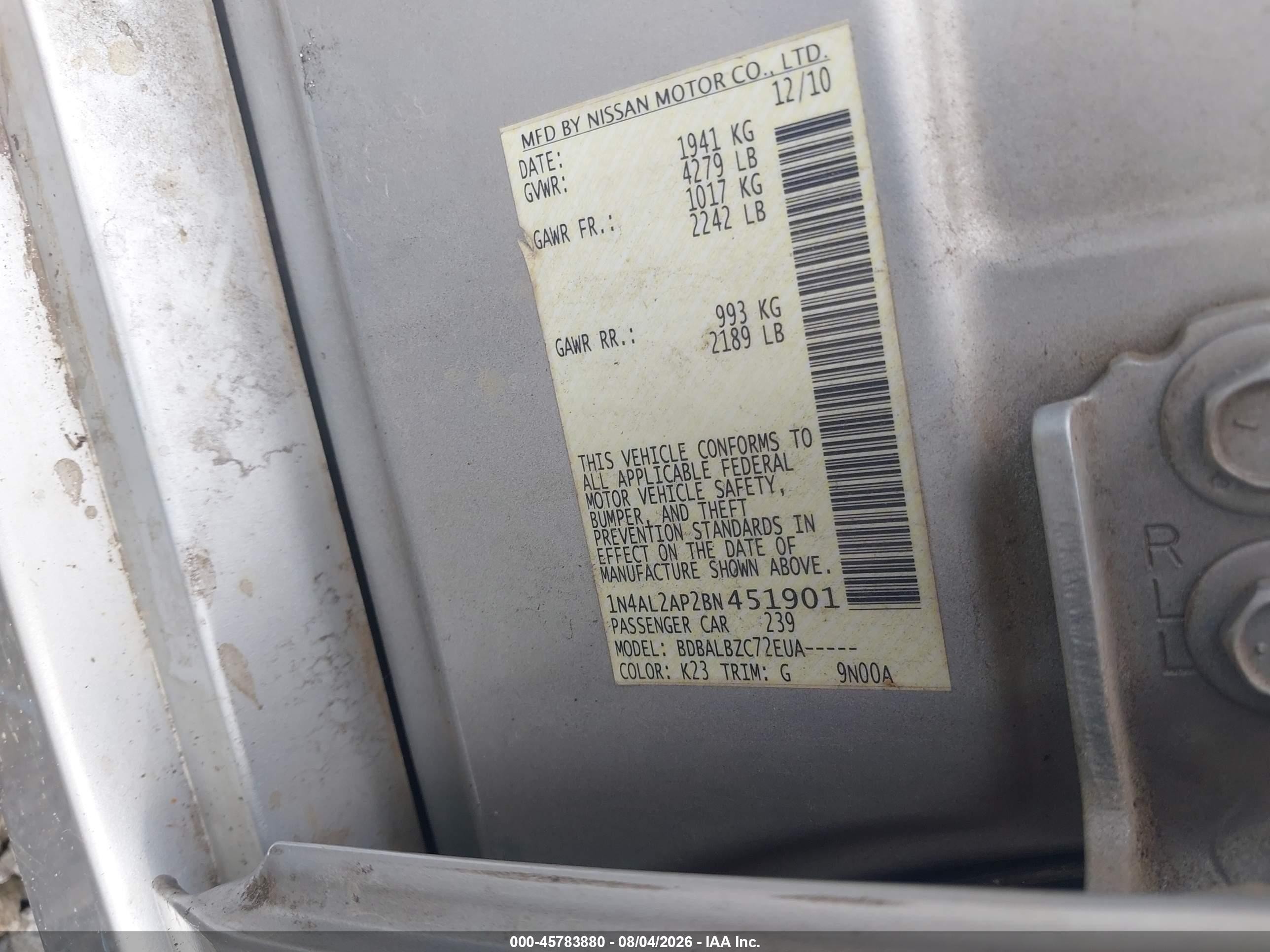 2011 Nissan Altima 2.5 S Silver vin: 1N4AL2AP2BN451901