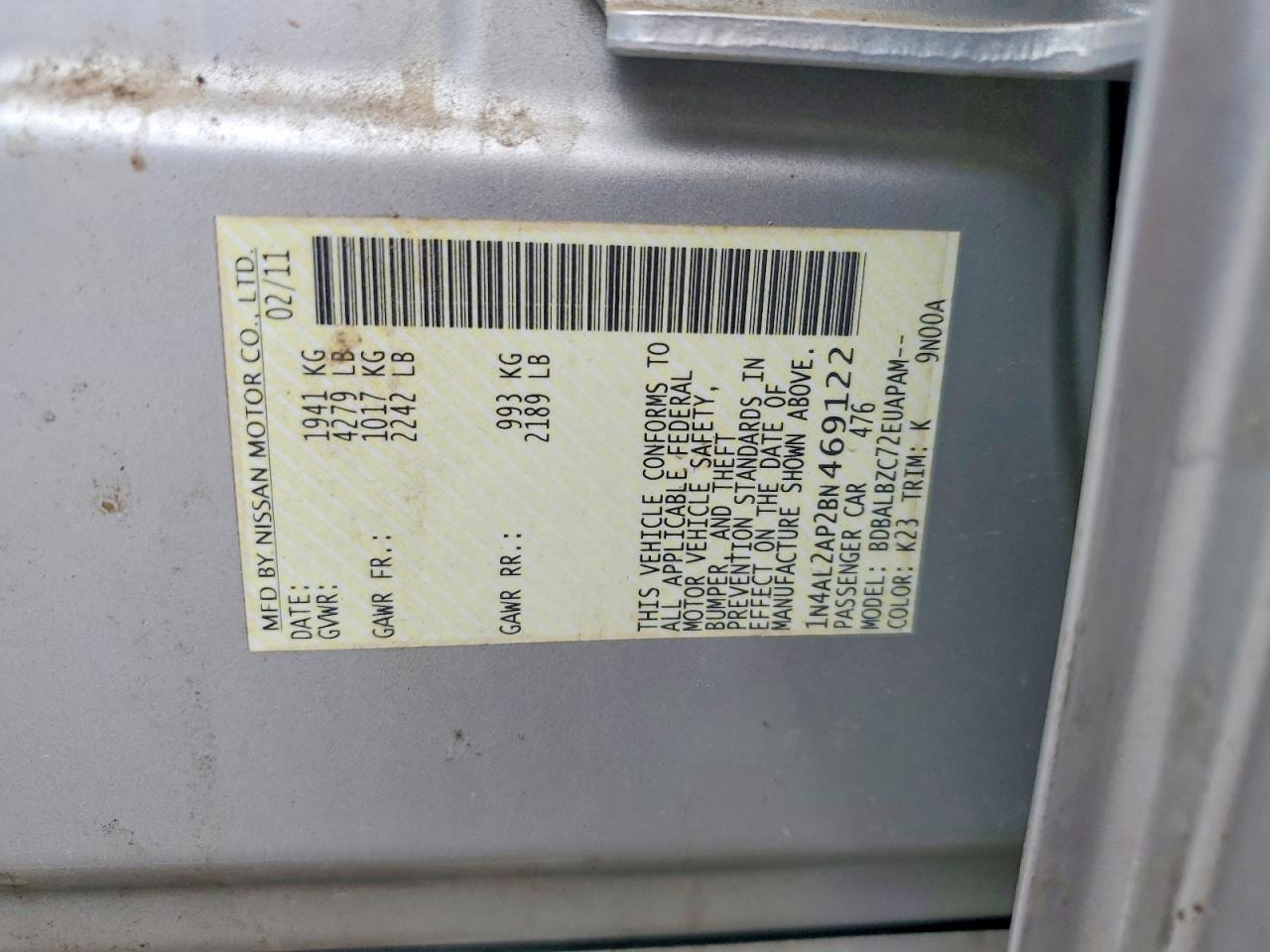 2011 Nissan Altima 2.5 Silver vin: 1N4AL2AP2BN469122