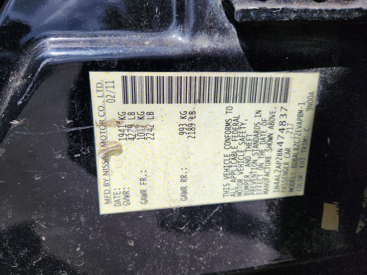 2011 Nissan Altima 2.5 Black vin: 1N4AL2AP2BN474837