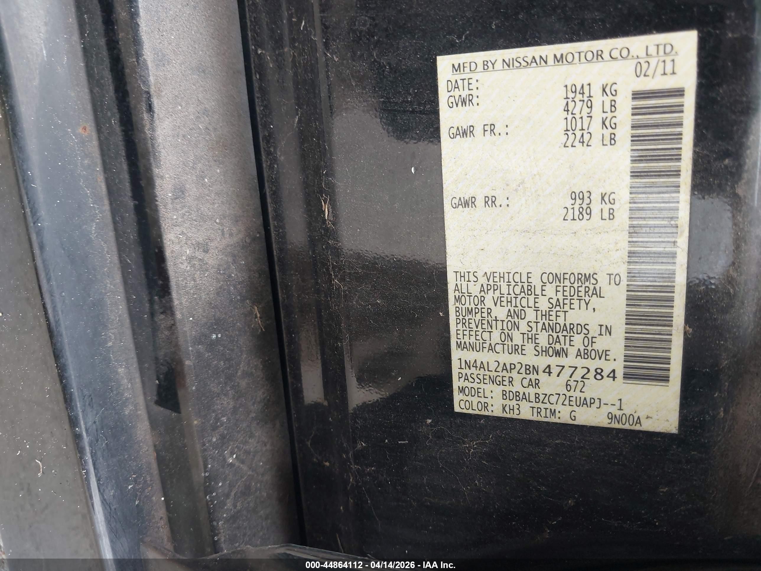 2011 Nissan Altima 2.5 S Black vin: 1N4AL2AP2BN477284