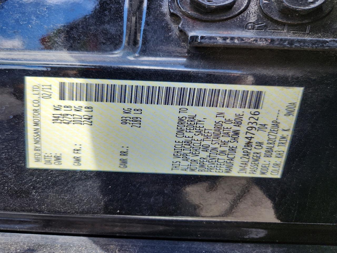 2011 Nissan Altima 2.5 Black vin: 1N4AL2AP2BN479326