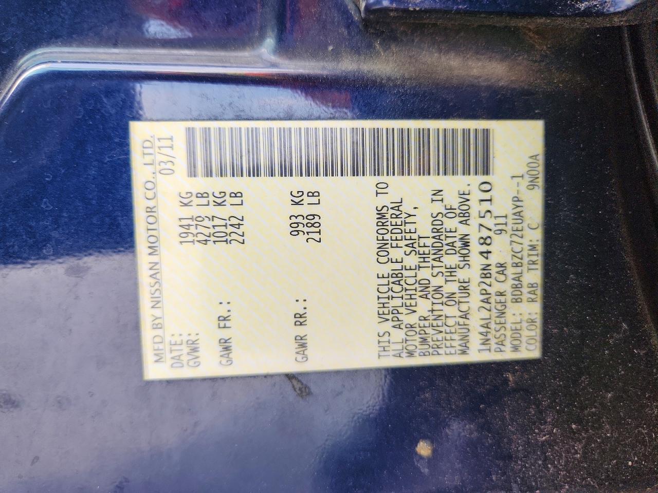 2011 Nissan Altima 2.5 Синий vin: 1N4AL2AP2BN487510