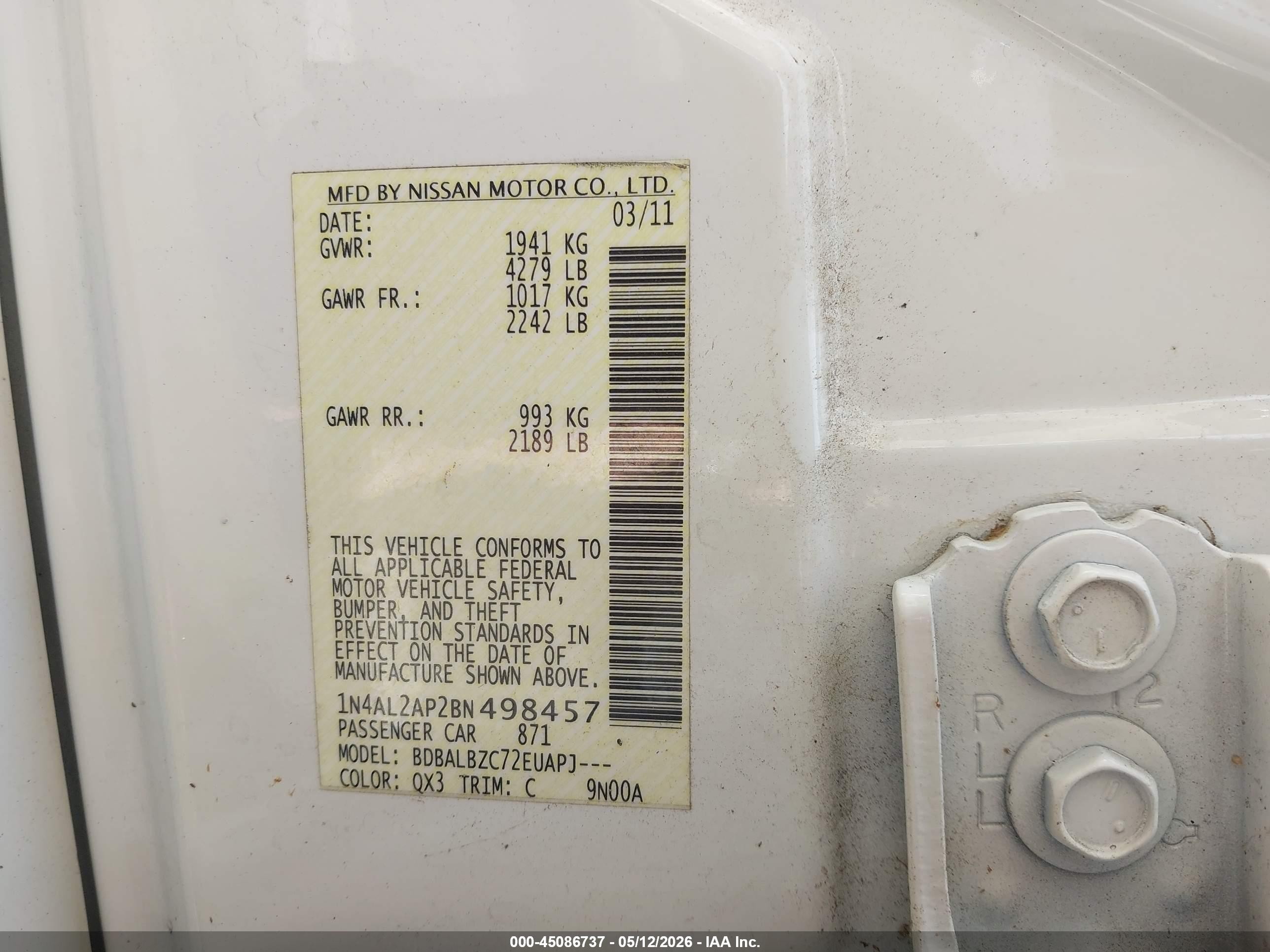 2011 Nissan Altima 2.5 S White vin: 1N4AL2AP2BN498457