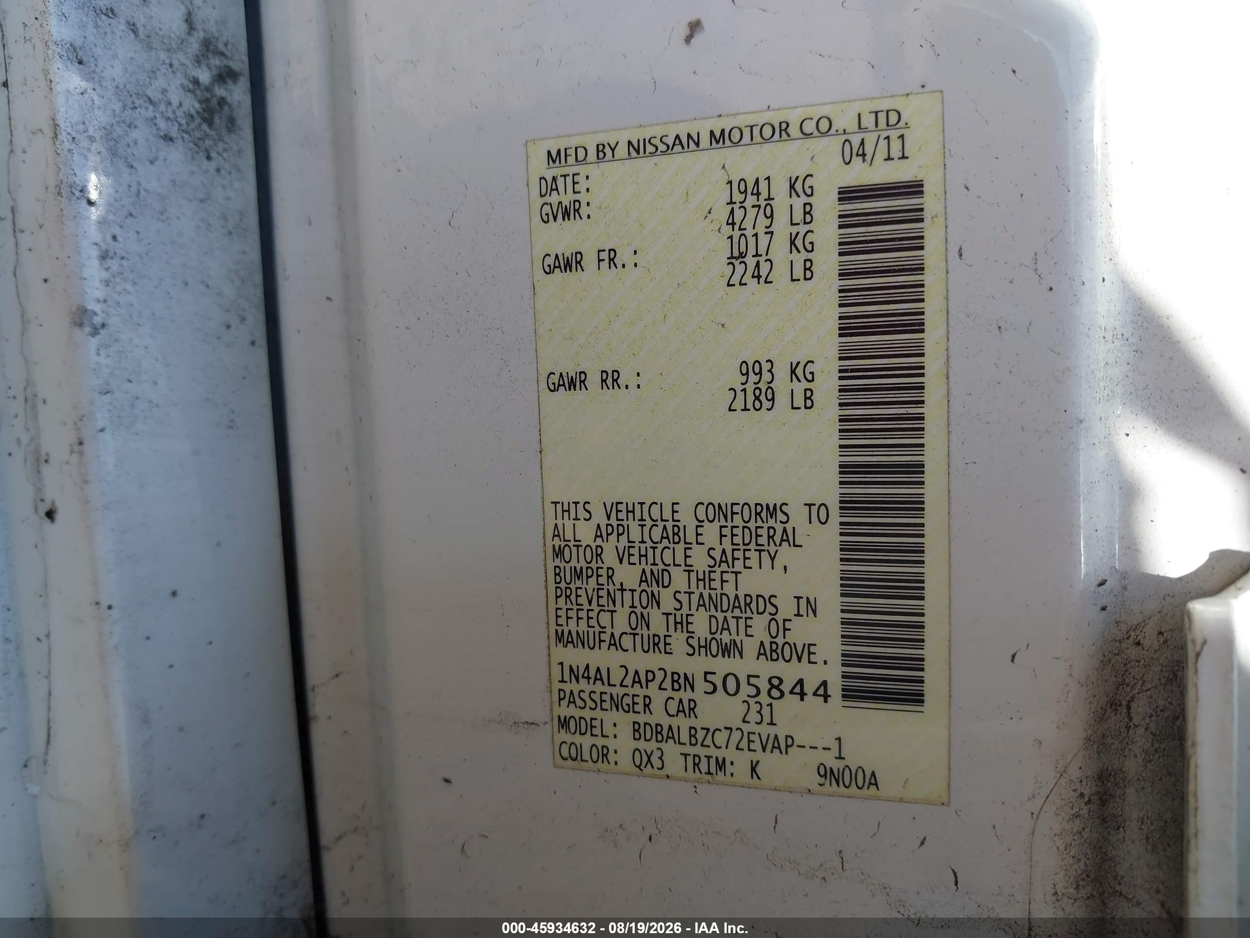 2011 Nissan Altima 2.5 S White vin: 1N4AL2AP2BN505844