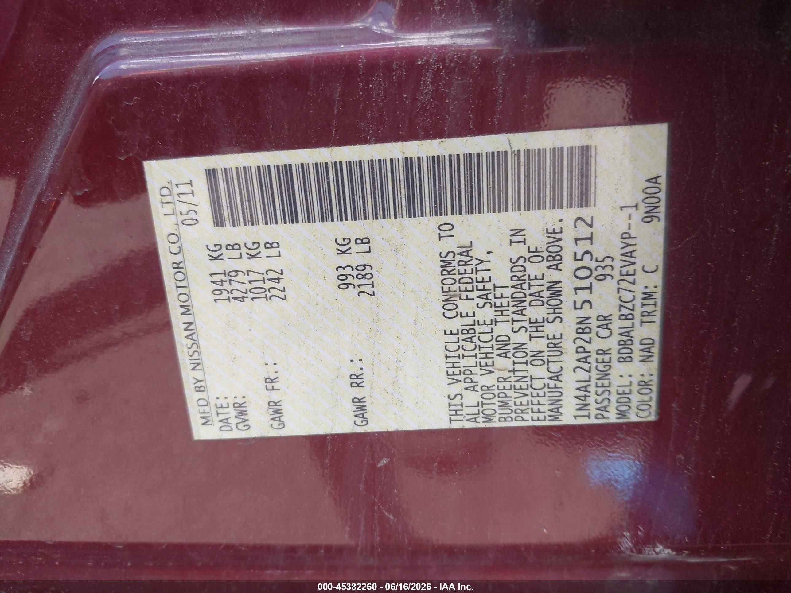 2011 Nissan Altima 2.5 S Red vin: 1N4AL2AP2BN510512