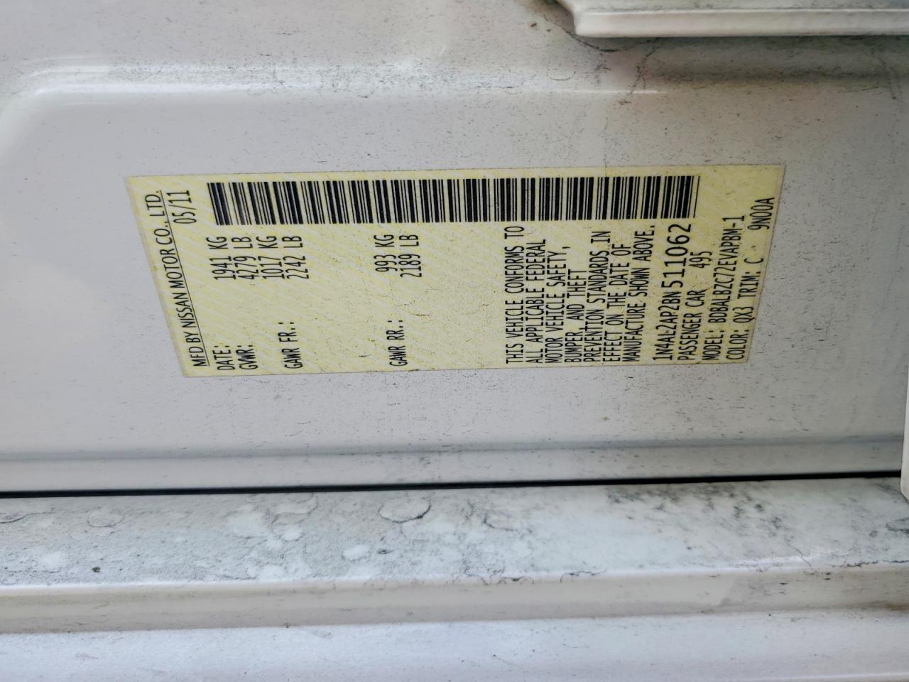 2011 Nissan Altima 2.5 White vin: 1N4AL2AP2BN511062