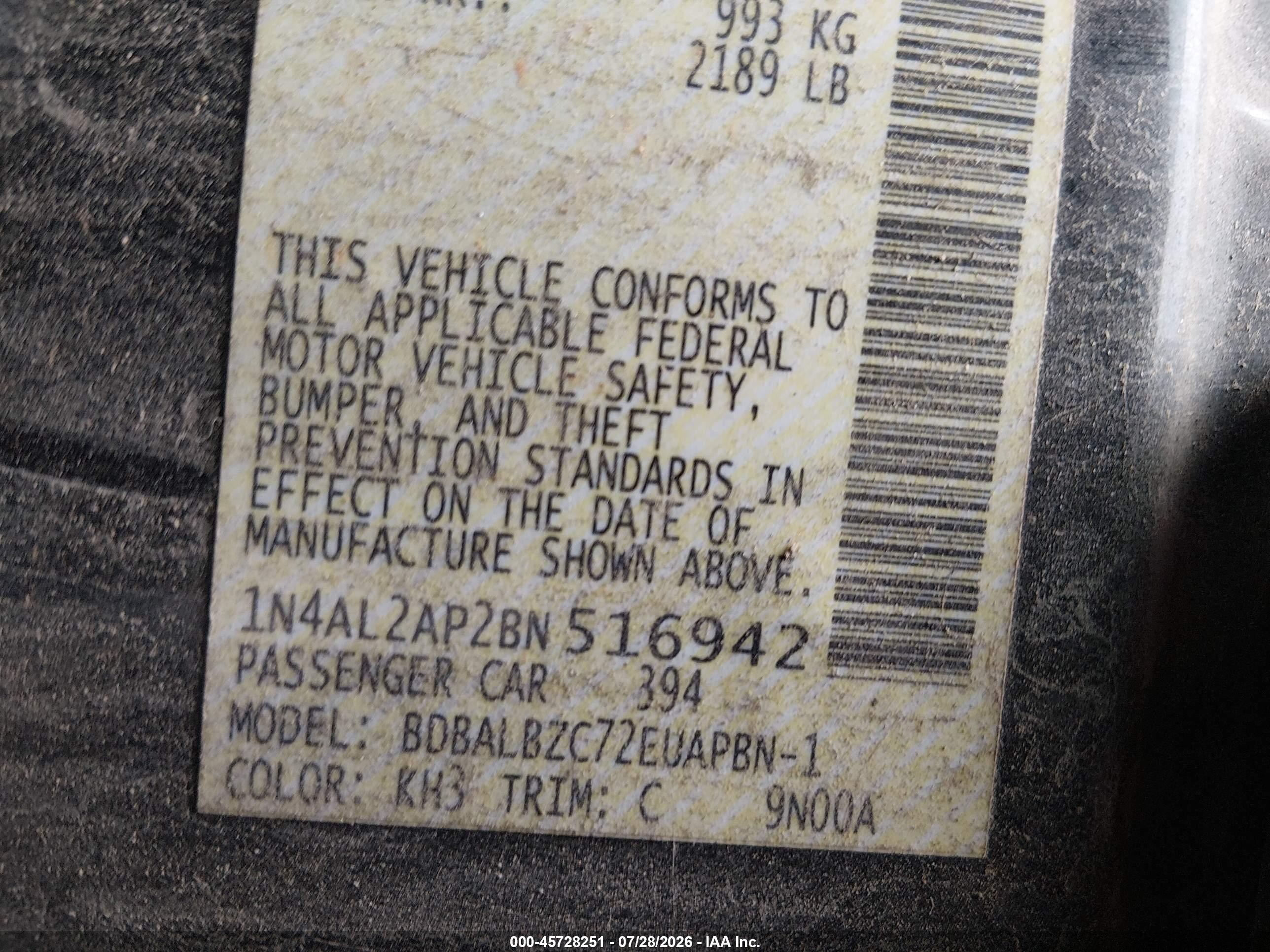 2011 Nissan Altima 2.5 S Черный vin: 1N4AL2AP2BN516942