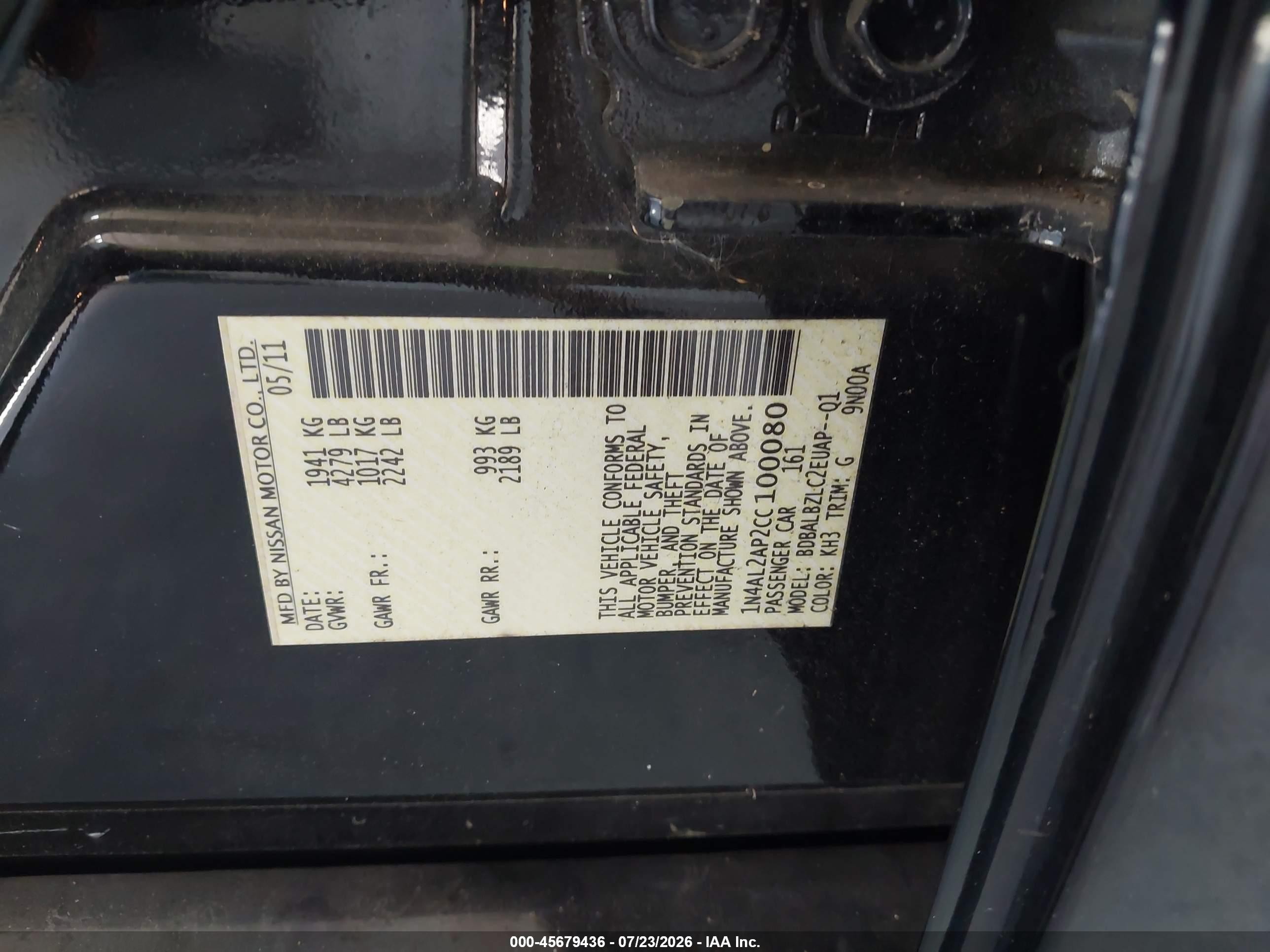2012 Nissan Altima 2.5 S Black vin: 1N4AL2AP2CC100080