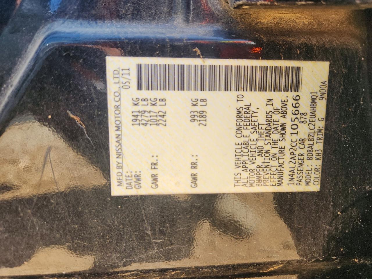 2012 Nissan Altima 2.5 Black vin: 1N4AL2AP2CC105666