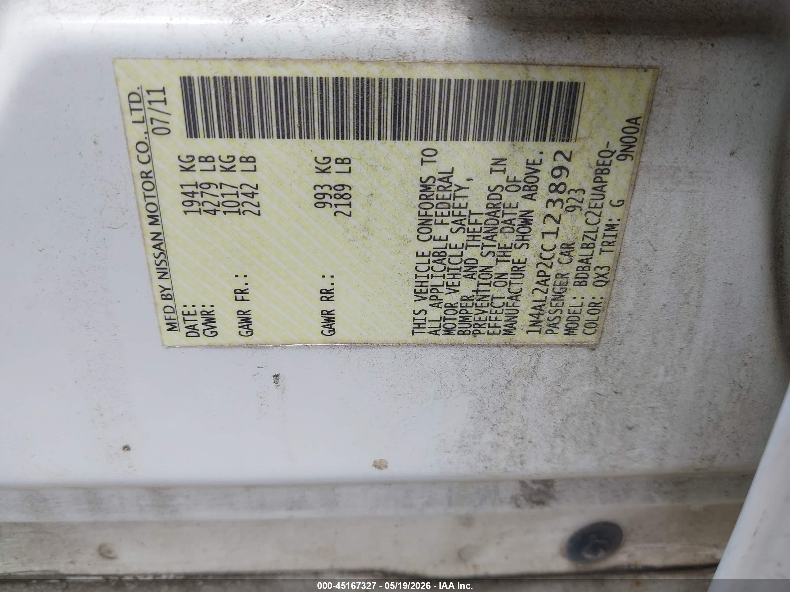 2012 Nissan Altima 2.5 S White vin: 1N4AL2AP2CC123892