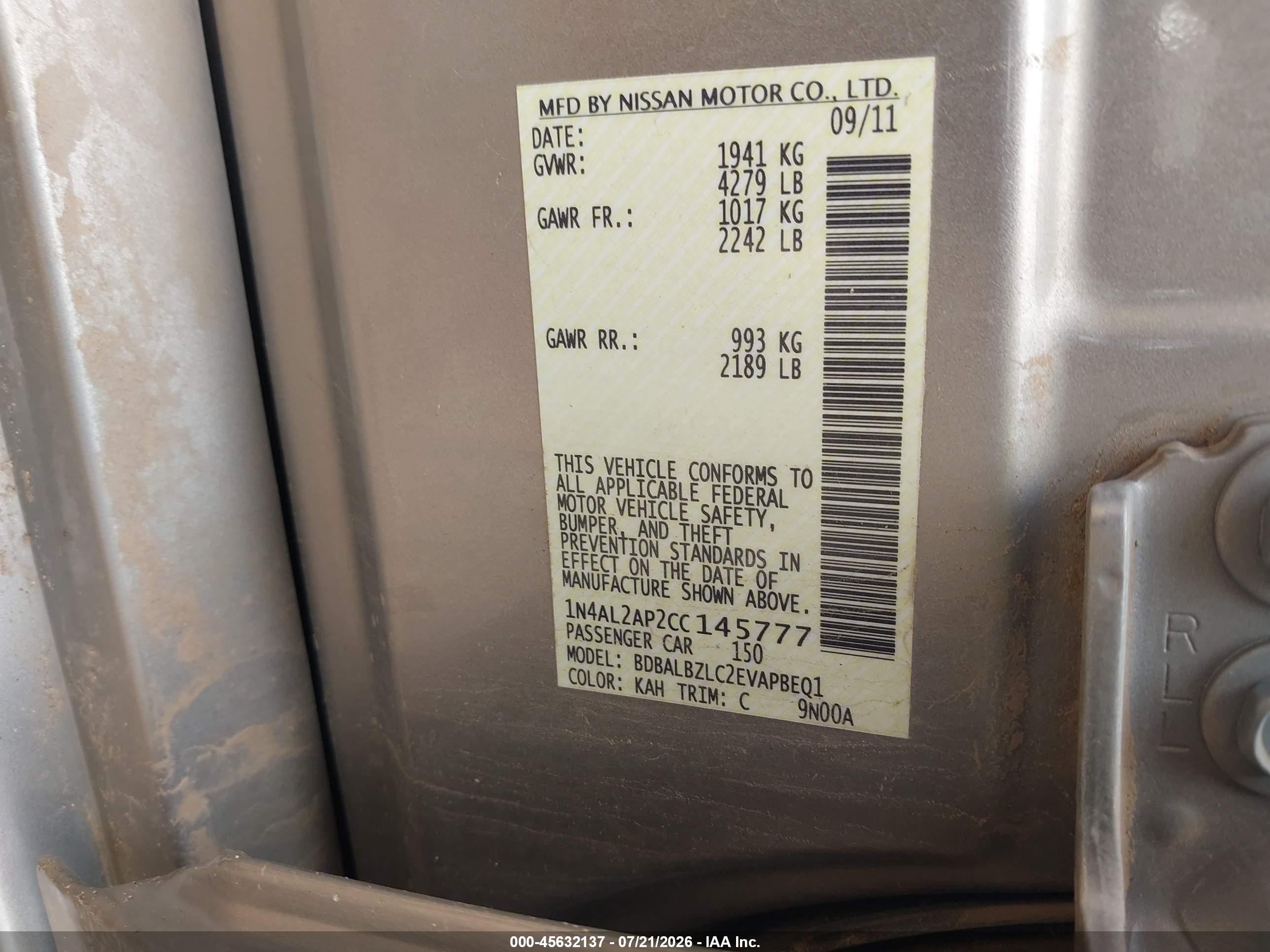 2012 Nissan Altima 2.5 S Champagne vin: 1N4AL2AP2CC145777