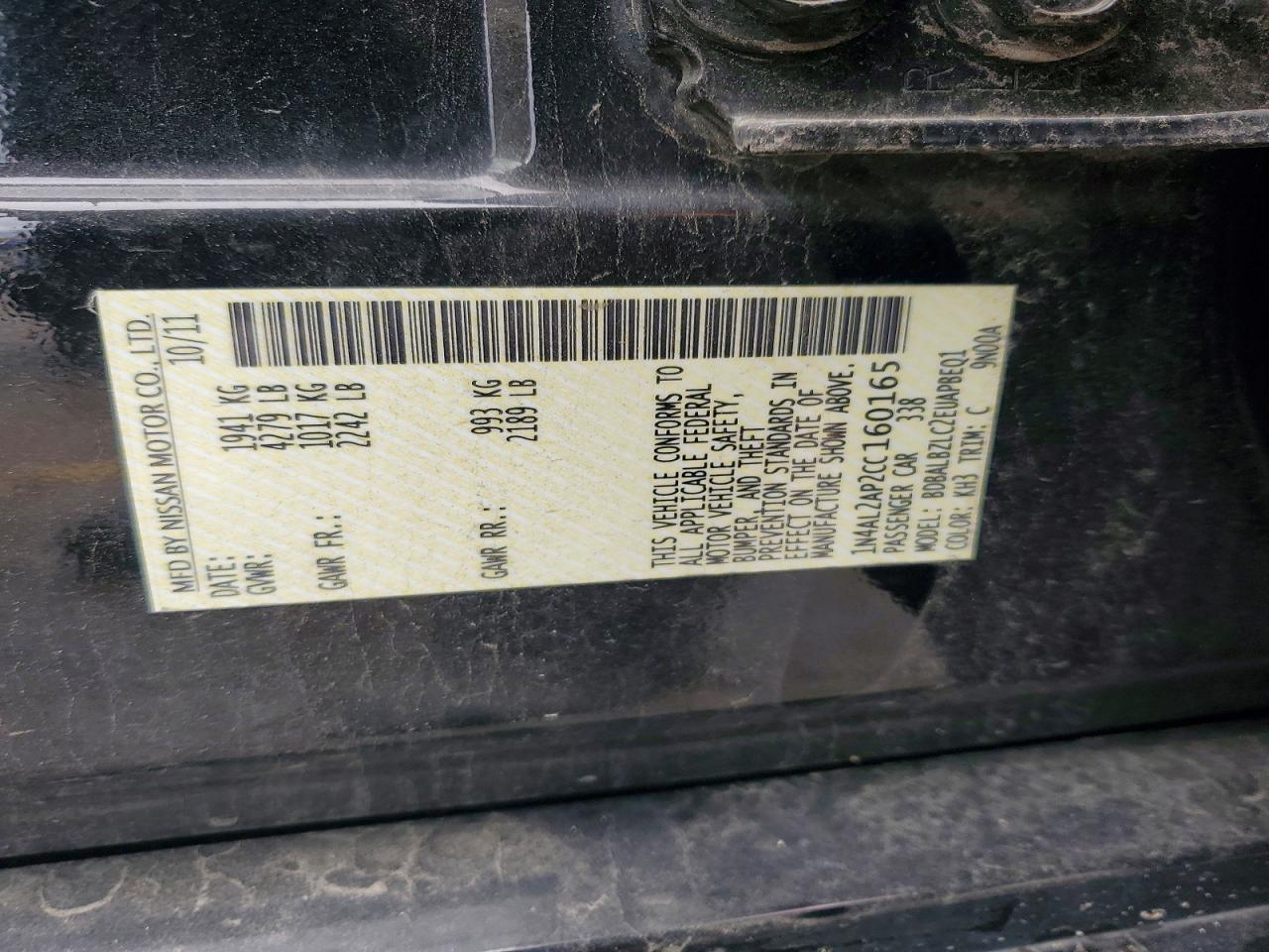 2012 Nissan Altima 2.5 Black vin: 1N4AL2AP2CC160165