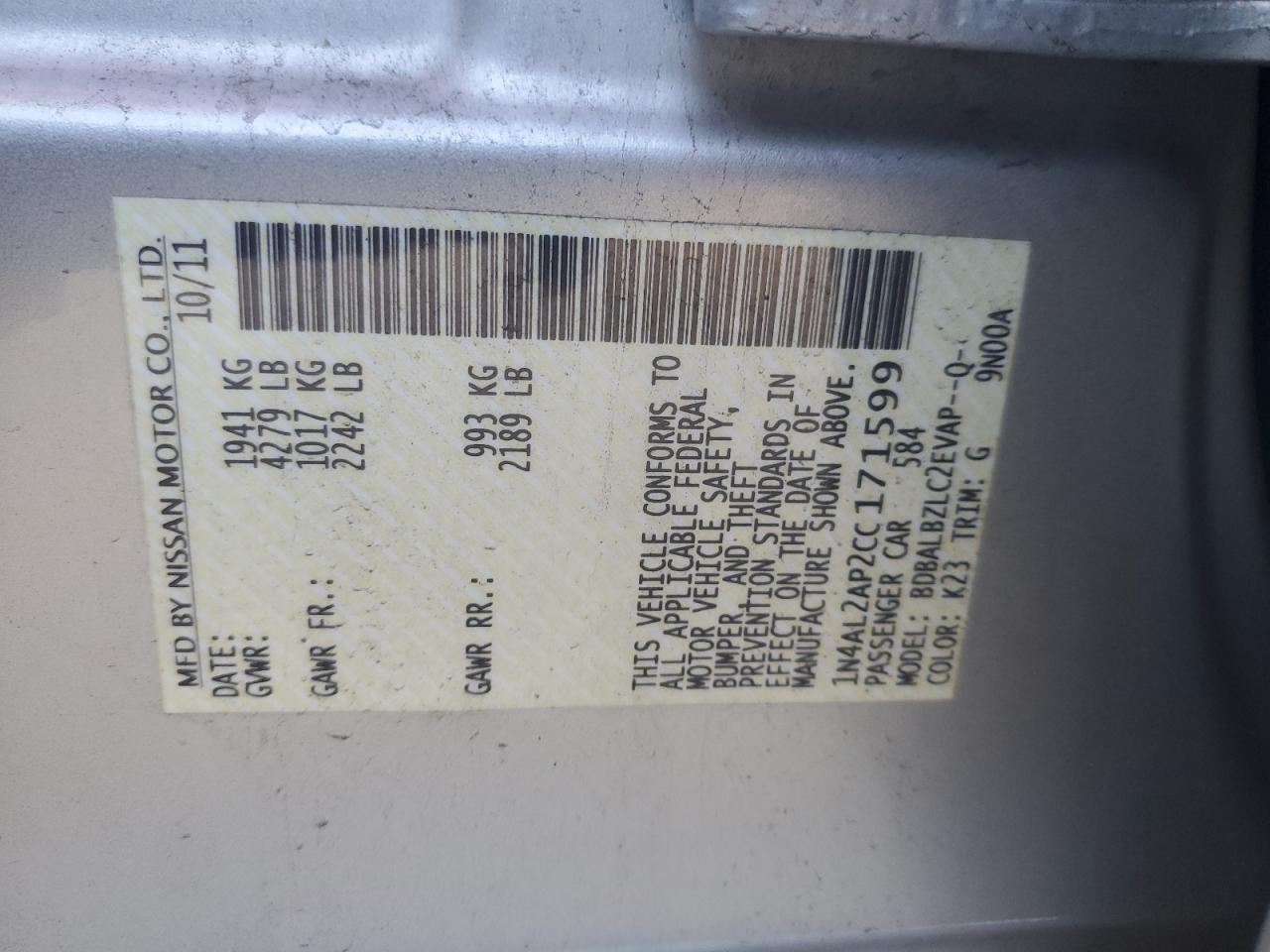 2012 Nissan Altima Base Silver vin: 1N4AL2AP2CC171599