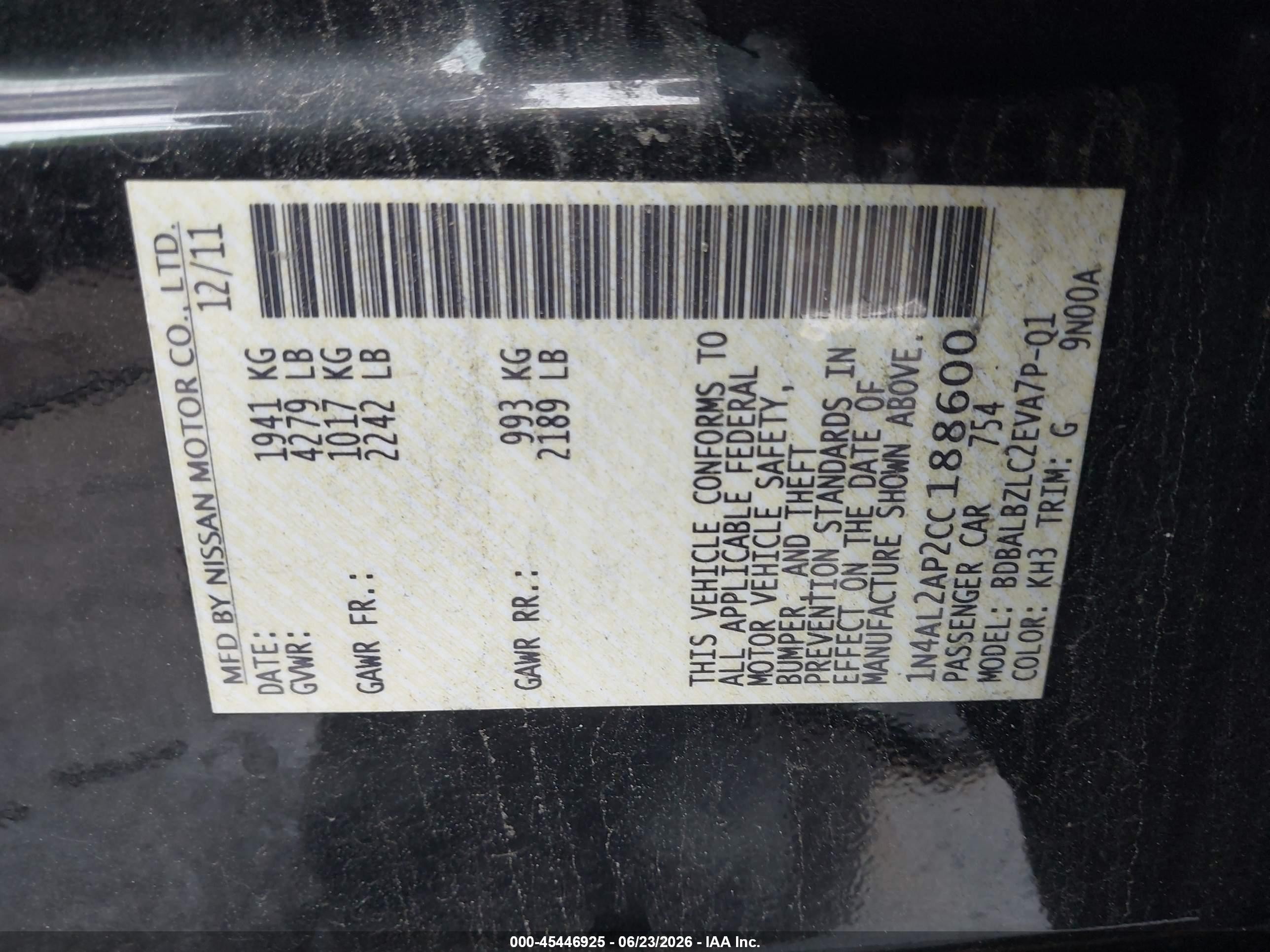 2012 Nissan Altima 2.5 S Black vin: 1N4AL2AP2CC188600