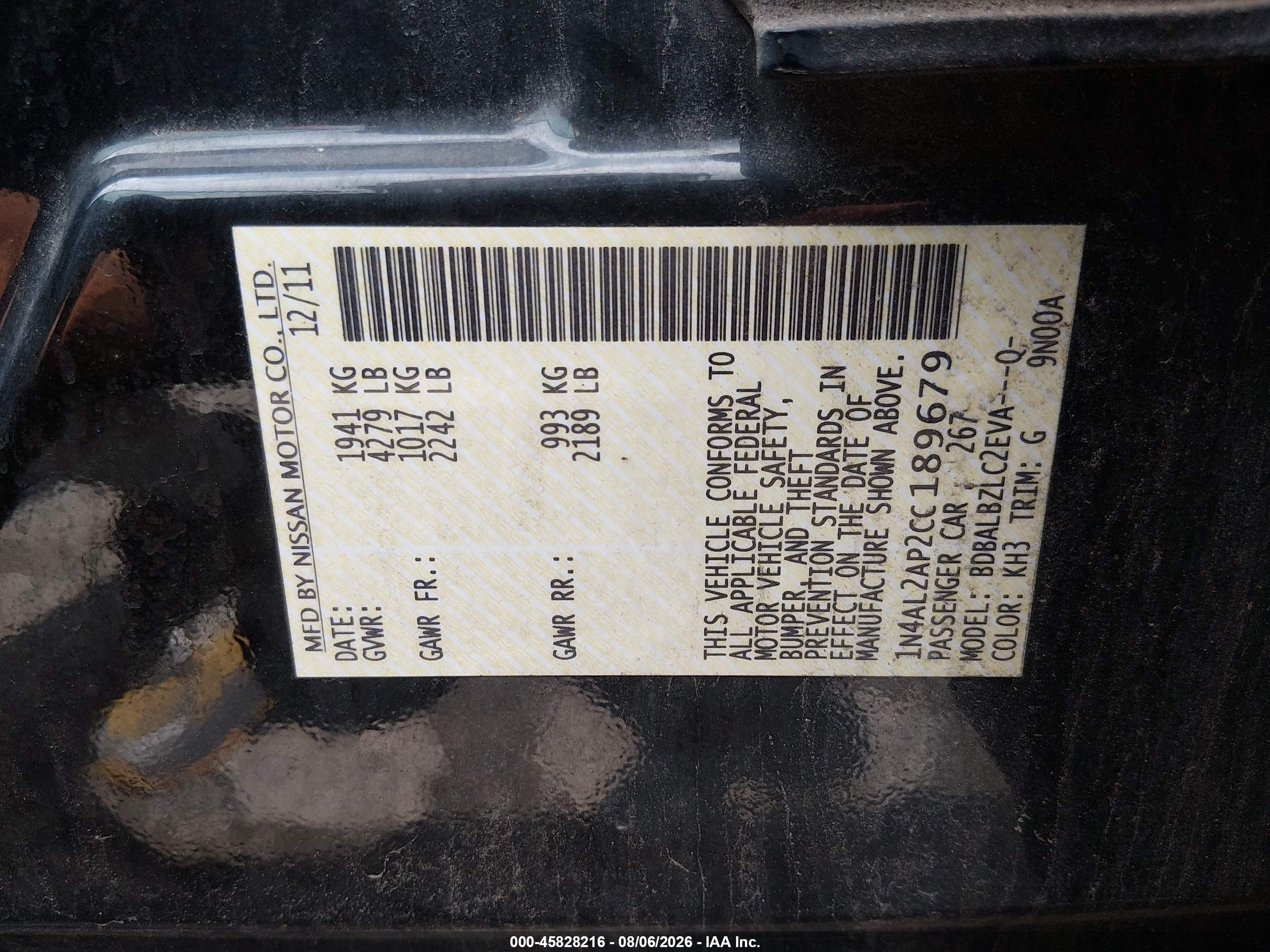 2012 Nissan Altima 2.5 S Black vin: 1N4AL2AP2CC189679