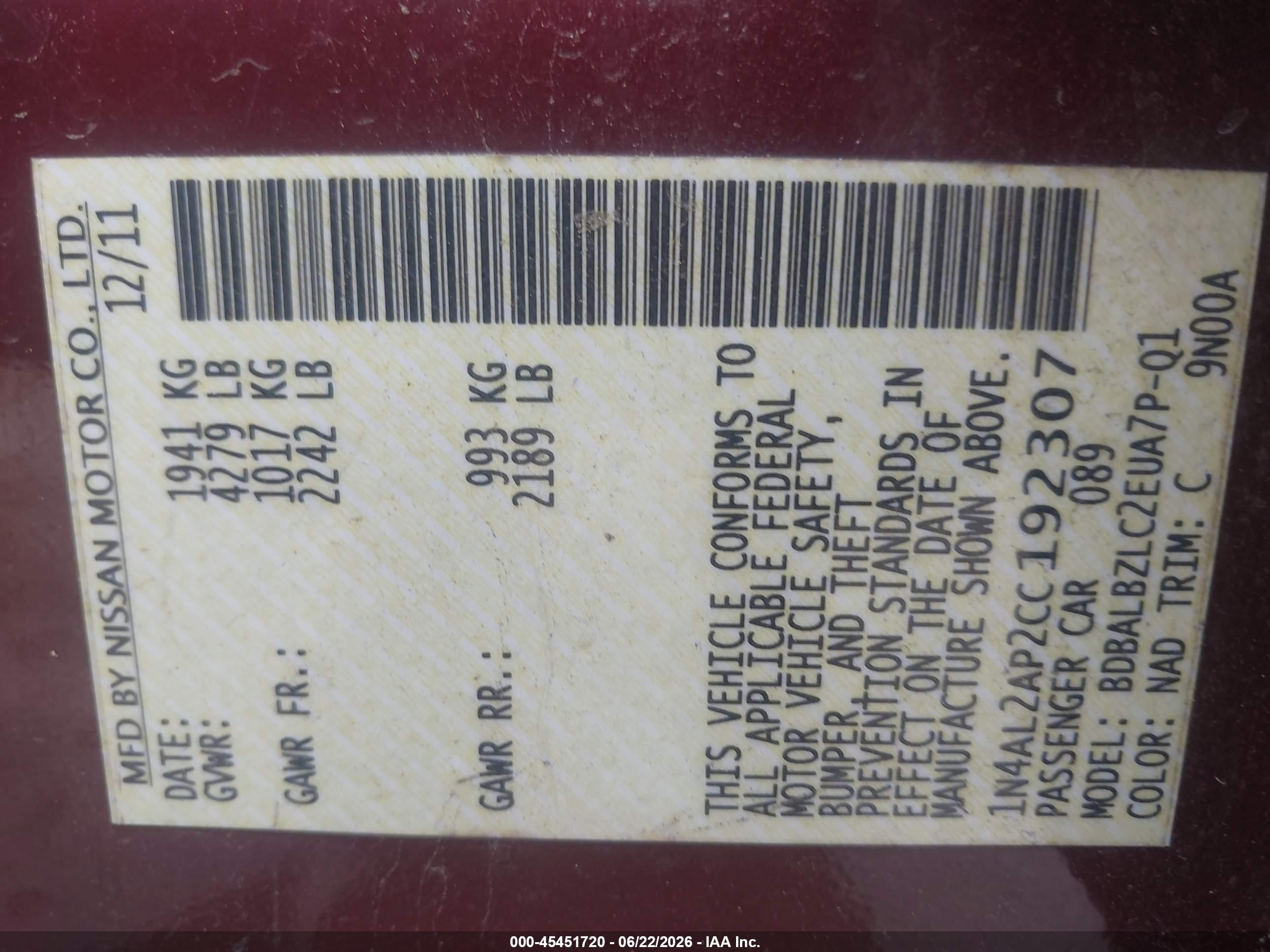 2012 Nissan Altima 2.5 S Maroon vin: 1N4AL2AP2CC192307