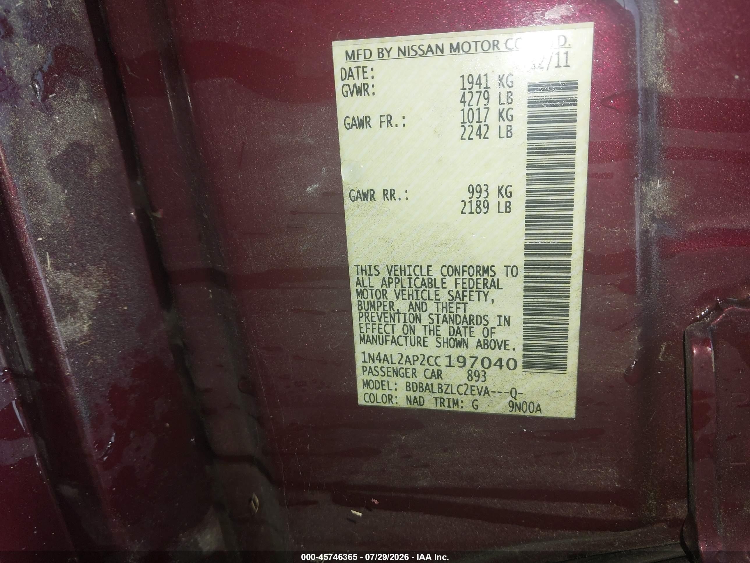 2012 Nissan Altima 2.5 S Maroon vin: 1N4AL2AP2CC197040