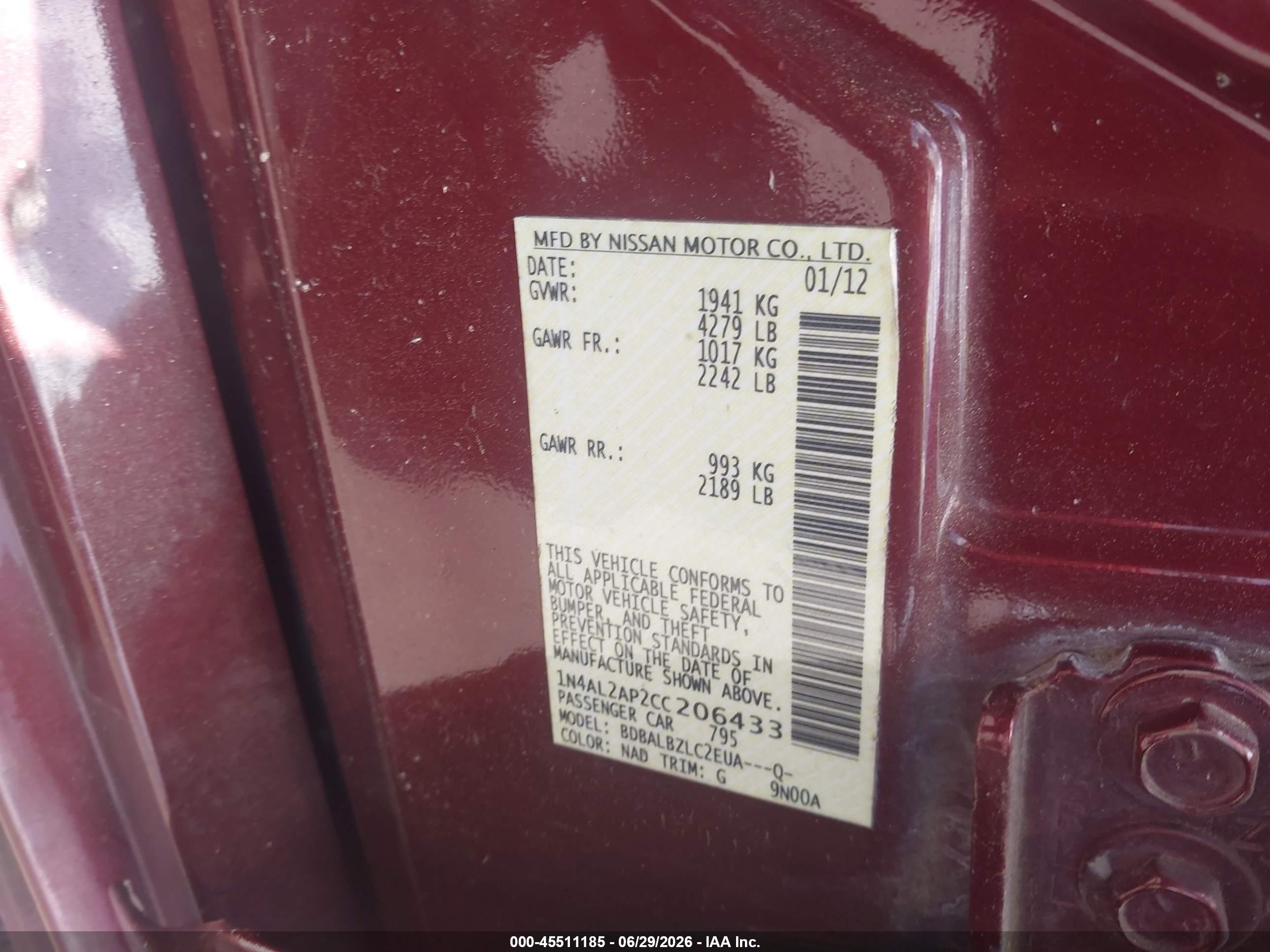 2012 Nissan Altima 2.5 S Burgundy vin: 1N4AL2AP2CC206433