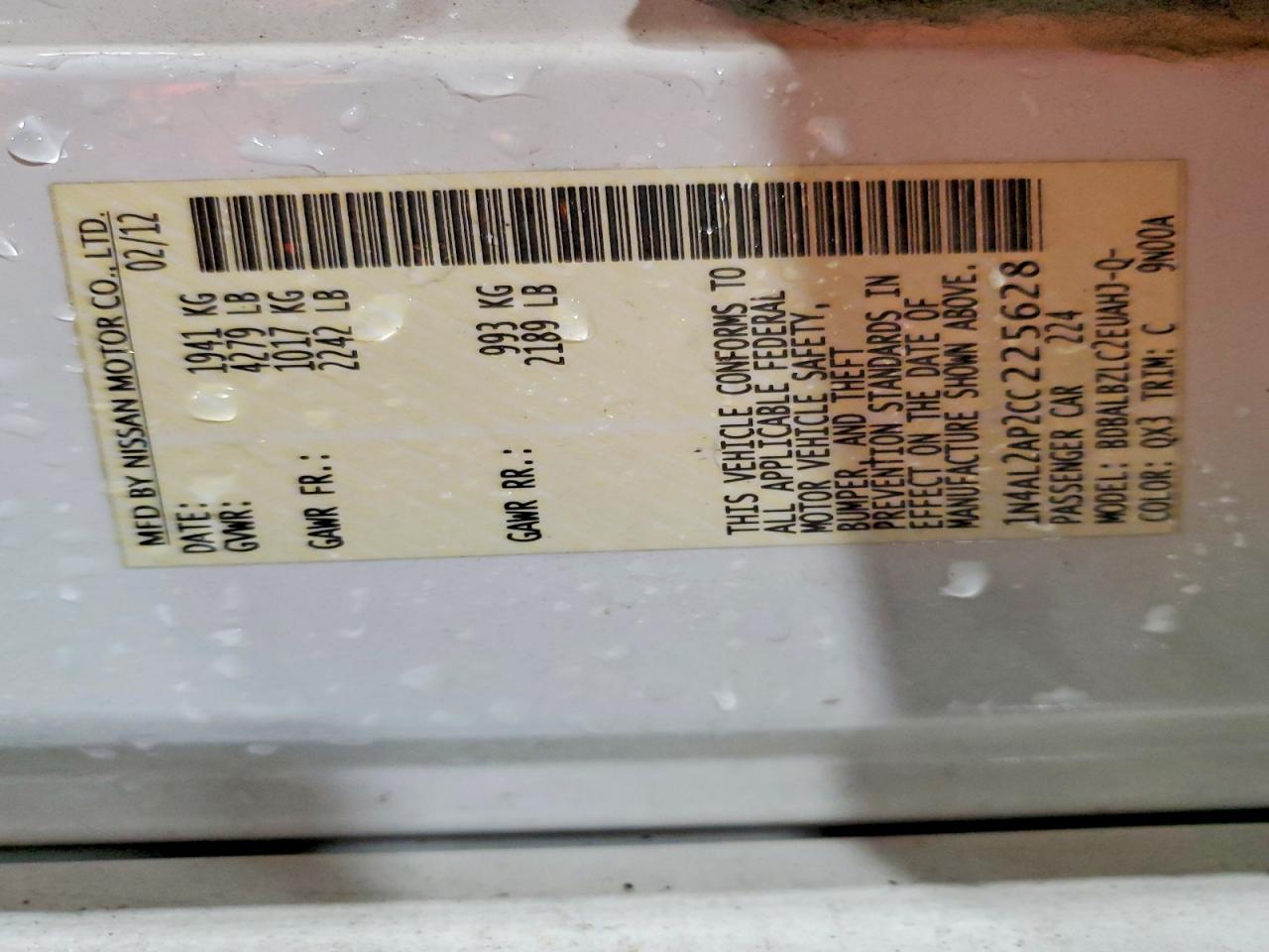 2012 Nissan Altima 2.5 White vin: 1N4AL2AP2CC225628