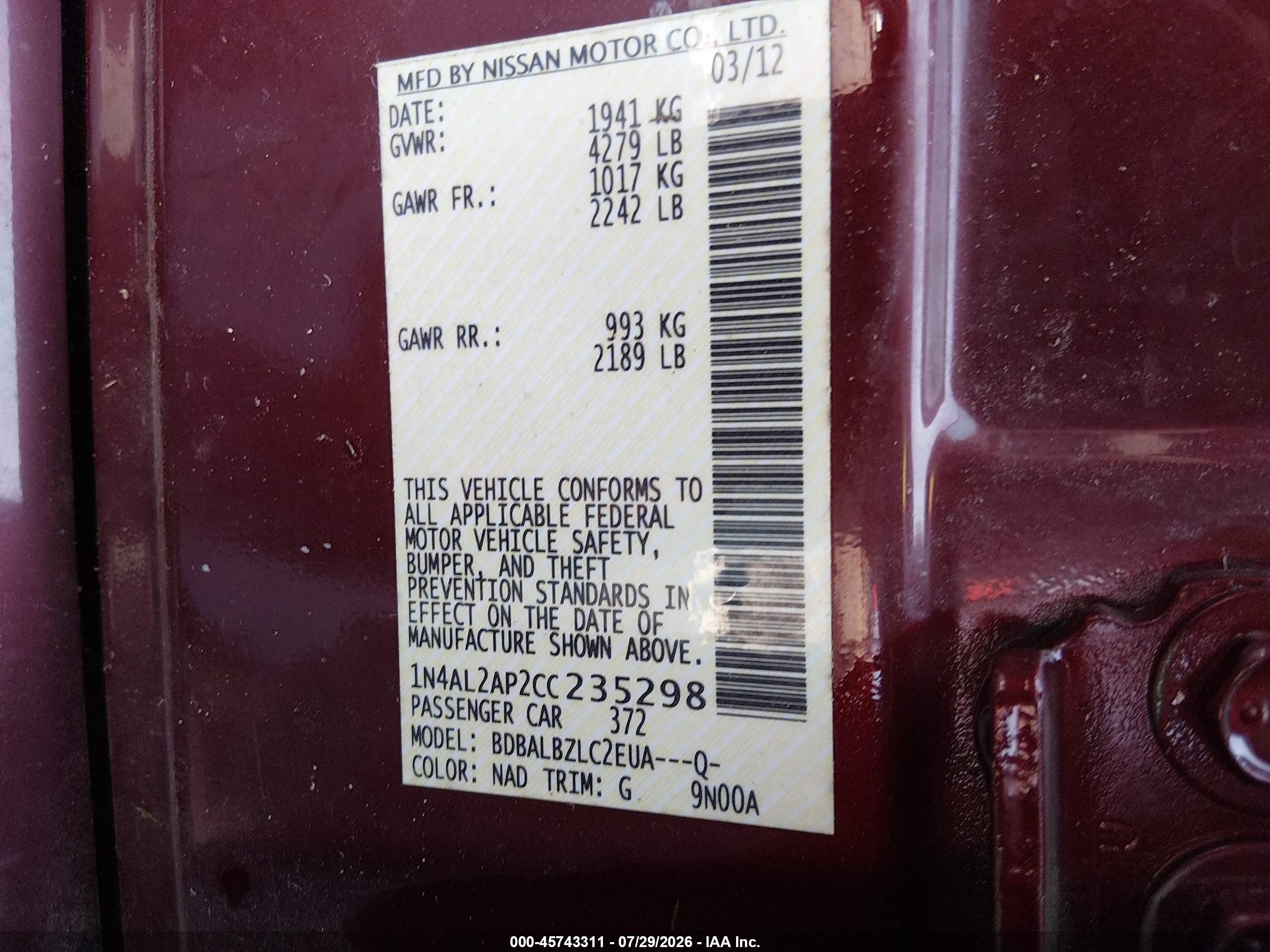 2012 Nissan Altima 2.5 S Maroon vin: 1N4AL2AP2CC235298